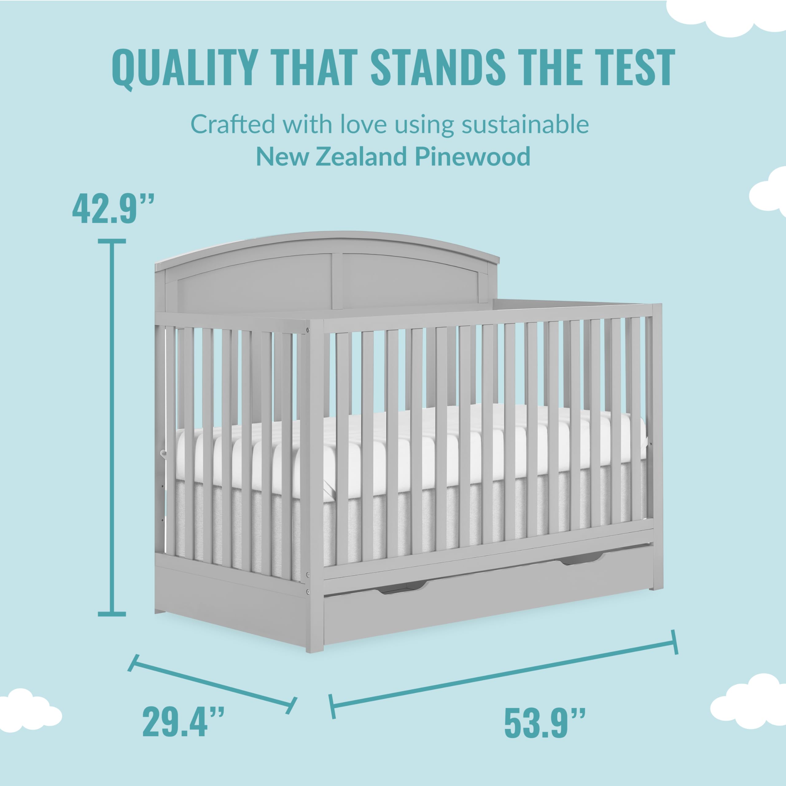 Dream On Me Storybrooke 5-in-1 Convertible Crib with Under Drawer - Pebble Grey | JPMA & Greenguard Gold Certified | Sustainable Pinewood | Non-Toxic Water-Based Paint | Nursery Furniture for Baby & Toddler Rooms | Space-Saving Design for Small Bedrooms