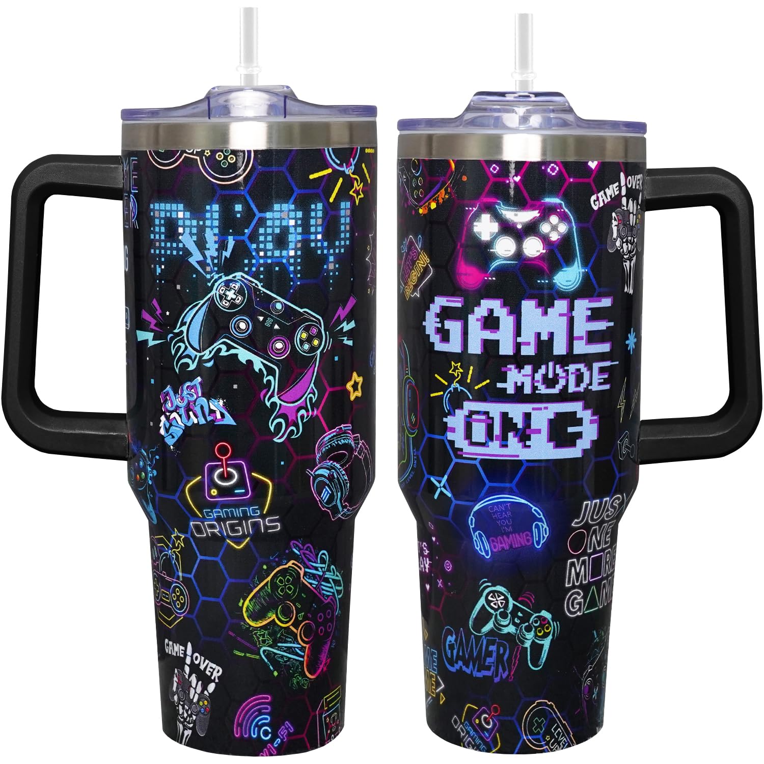 40oz Stainless Steel Insulated Gamer Tumbler with Handle, Lid & Straw - Leakproof Gaming Travel Mug for Coffee & Drinks - Perfect PC Gamer Gift for Men & Women - Ideal for Gaming Sessions, Workouts & Outdoor Adventures