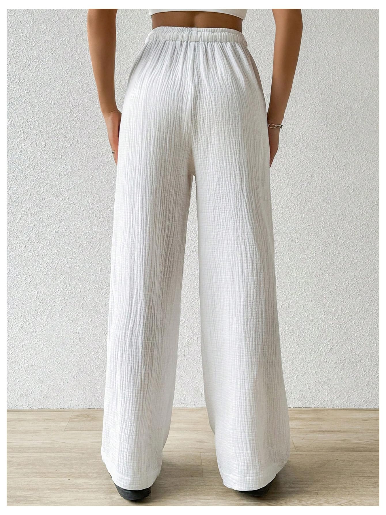 MakeMeChic Women's Casual Drawstring Elastic High Waist Loose Baggy Wide Leg Pants - Comfortable Lounge Pants for Yoga, Travel & Everyday Wear