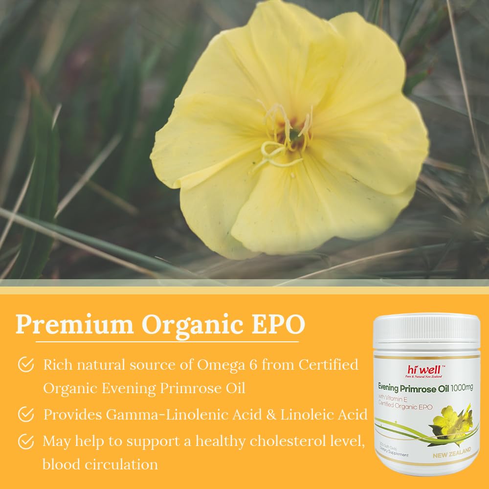 HiWell Organic Evening Primrose Oil (EPO) 200 Softgels - Pack of 3 | 1000mg Cold-Pressed GLA Supplement for Women's Health, Hormone Balance & Skin Care | Natural PMS, Menopause & Acne Relief