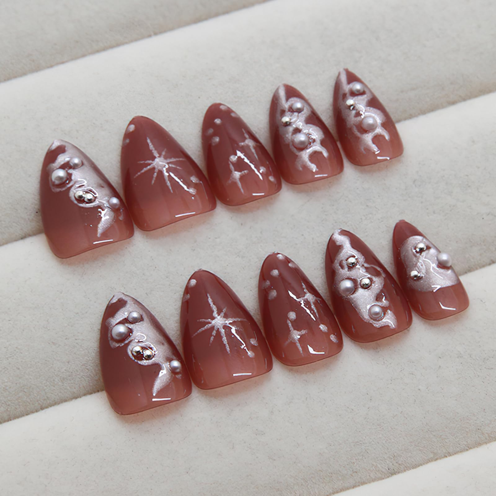 Dark Pink Short Almond Press on Nails with Pearl Design & Gothic Silver Stars - Glossy Y2K Style Fake Nails for Women (30Pcs) | Full Cover Glue on Artificial Nails with Irregular Liquid Pattern | Perfect for Parties, Weddings & Gothic Fashion