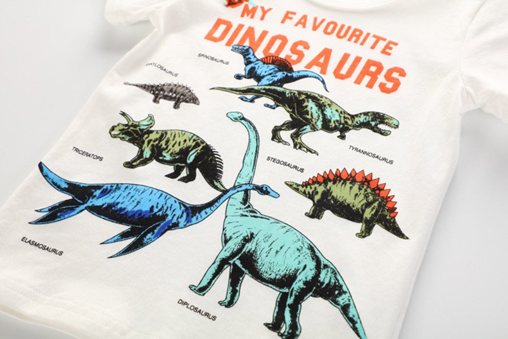 Dinosaur Print Short Sleeve T-Shirt for Toddler Boys | Kids Casual Top | Size 10 (White) - Perfect for Playdates, Preschool & Summer Outfits