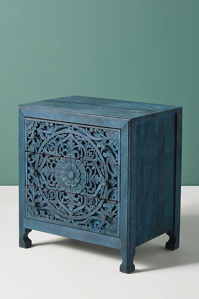 Hand Carved Lombok Three Drawer Nightstand - Solid Wood Bedside Table with Storage | Perfect for Bedroom, Guest Room & Apartment Furniture