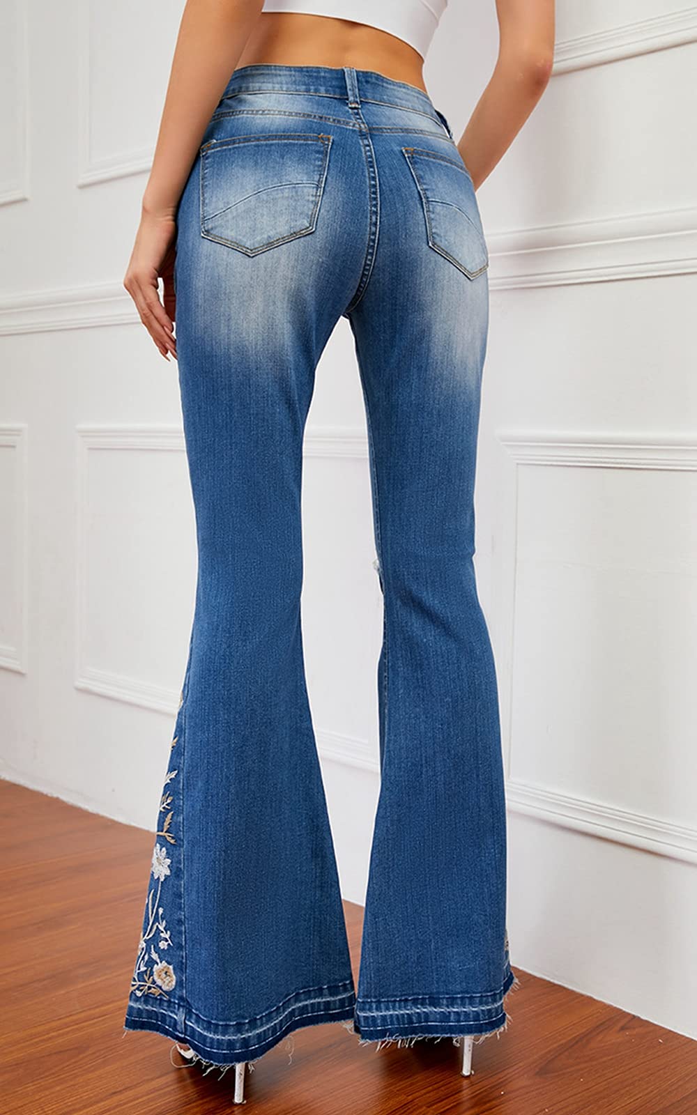 Women's Classic Ripped Flare Jeans - Mid Rise Distressed Embroidered Stretch Bell Bottom Pants for Casual Outfits & Vintage Style Fashion