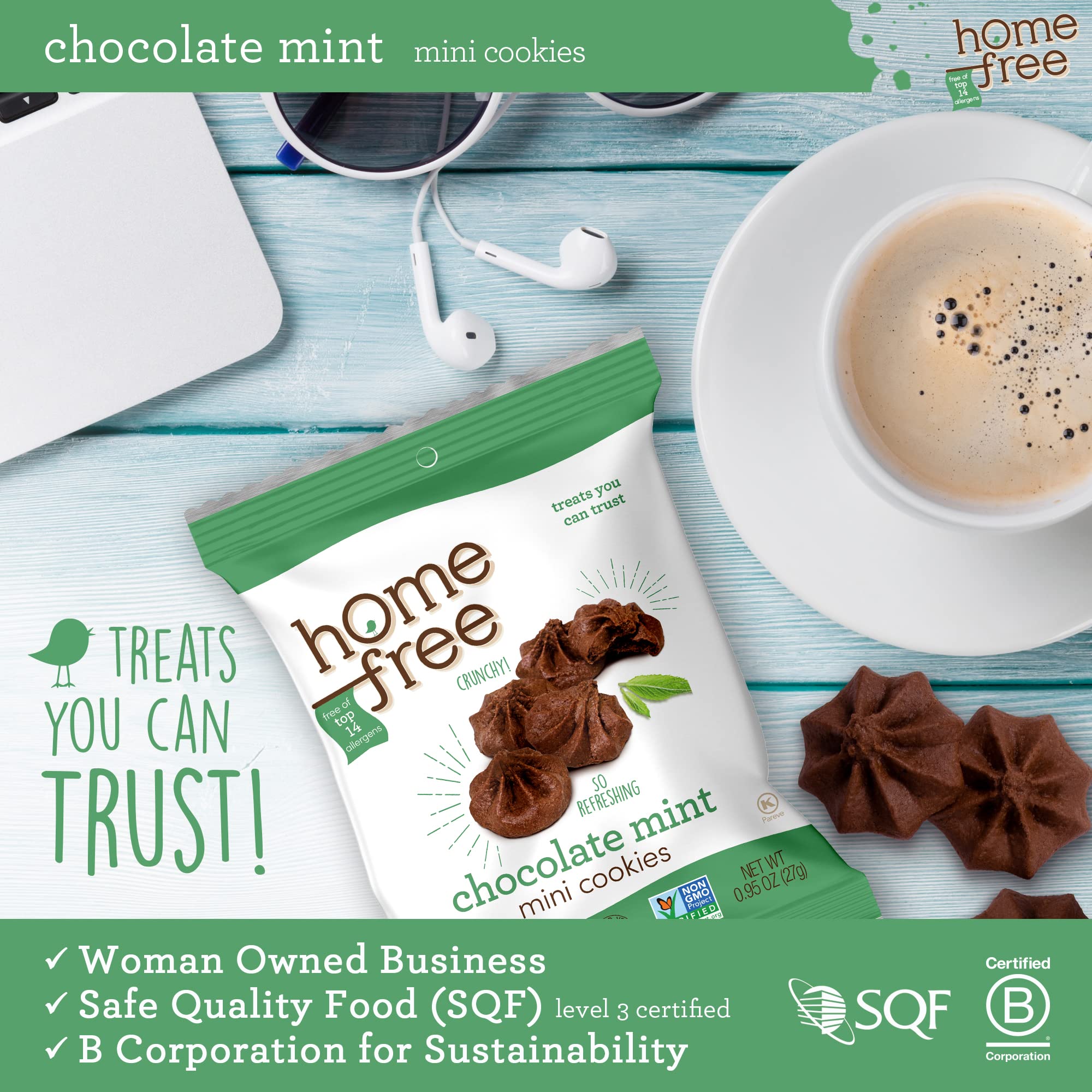 Homefree Chocolate Mint Mini Cookies - Gluten Free, Nut Free, Vegan Snacks - Individually Wrapped 0.95 oz Packs (64 Count) - Perfect for School Lunches, Allergy-Friendly Treats & On-the-Go Healthy Snacking