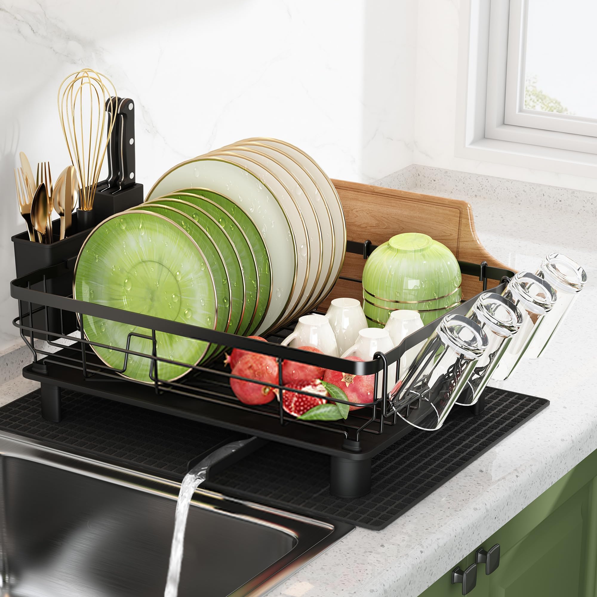 Stainless Steel Dish Drying Rack with Drainboard - Kitchen Counter Organizer with Cutlery Holder, Cup Holder & Cutting Board Storage | Space-Saving Dish Drainer for Small Kitchens | Perfect for Drying Dishes, Utensils & Cutting Boards After Washing