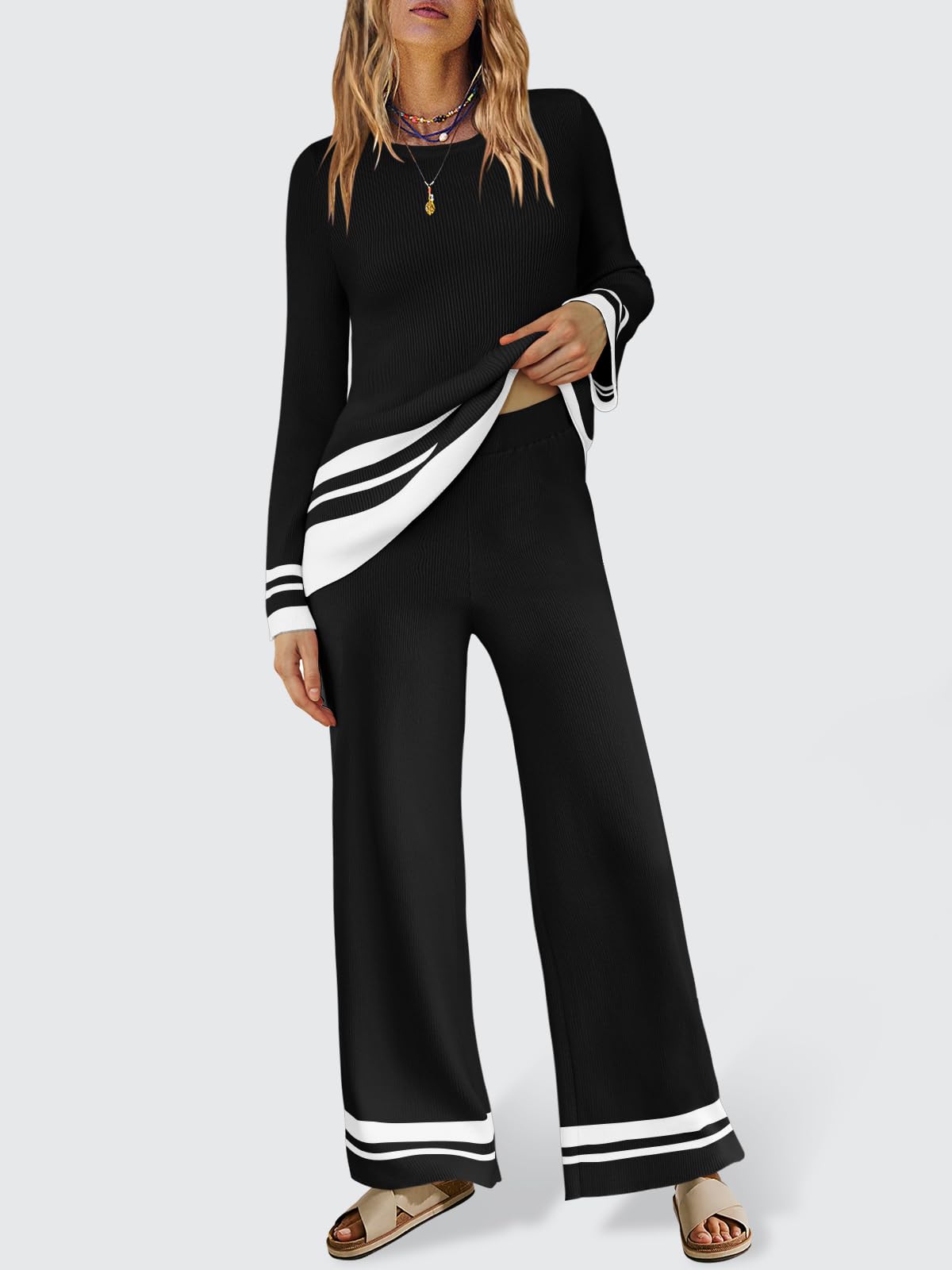 Yousify Women's 2-Piece Oversized Striped Knit Sweater Set - Lounge Matching Outfit & Tracksuit for Casual Wear, Fall Fashion 2024 | Cozy Home, Office, Date Night Outfits