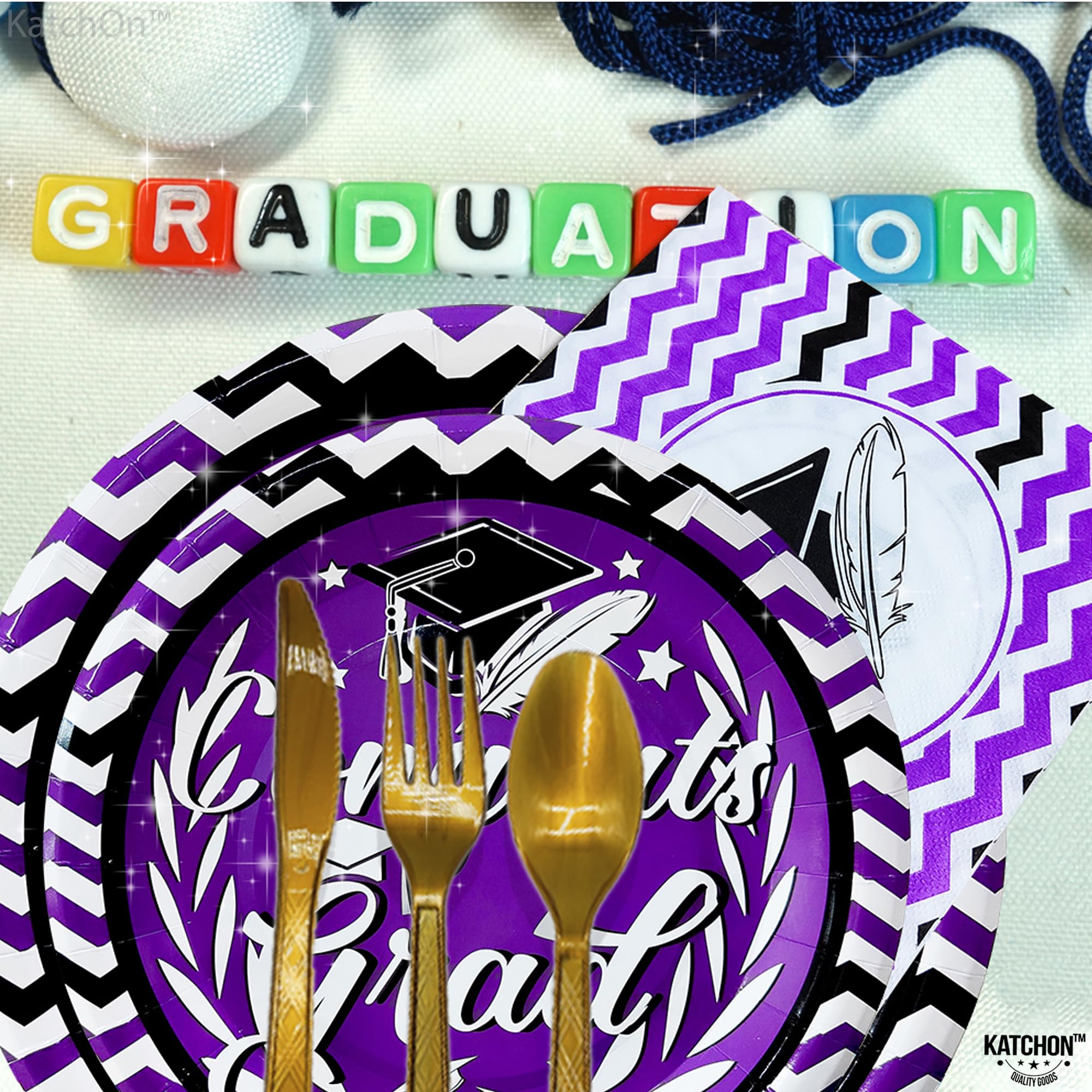 KatchOn 2024 Graduation Party Supplies Kit - 176-Piece Set (Plates, Napkins, Cups, Tablecloth) for 25 Guests | Purple Graduation Decorations 2025 | Perfect for High School & College Grad Parties, Commencement Celebrations & Graduation Dinners