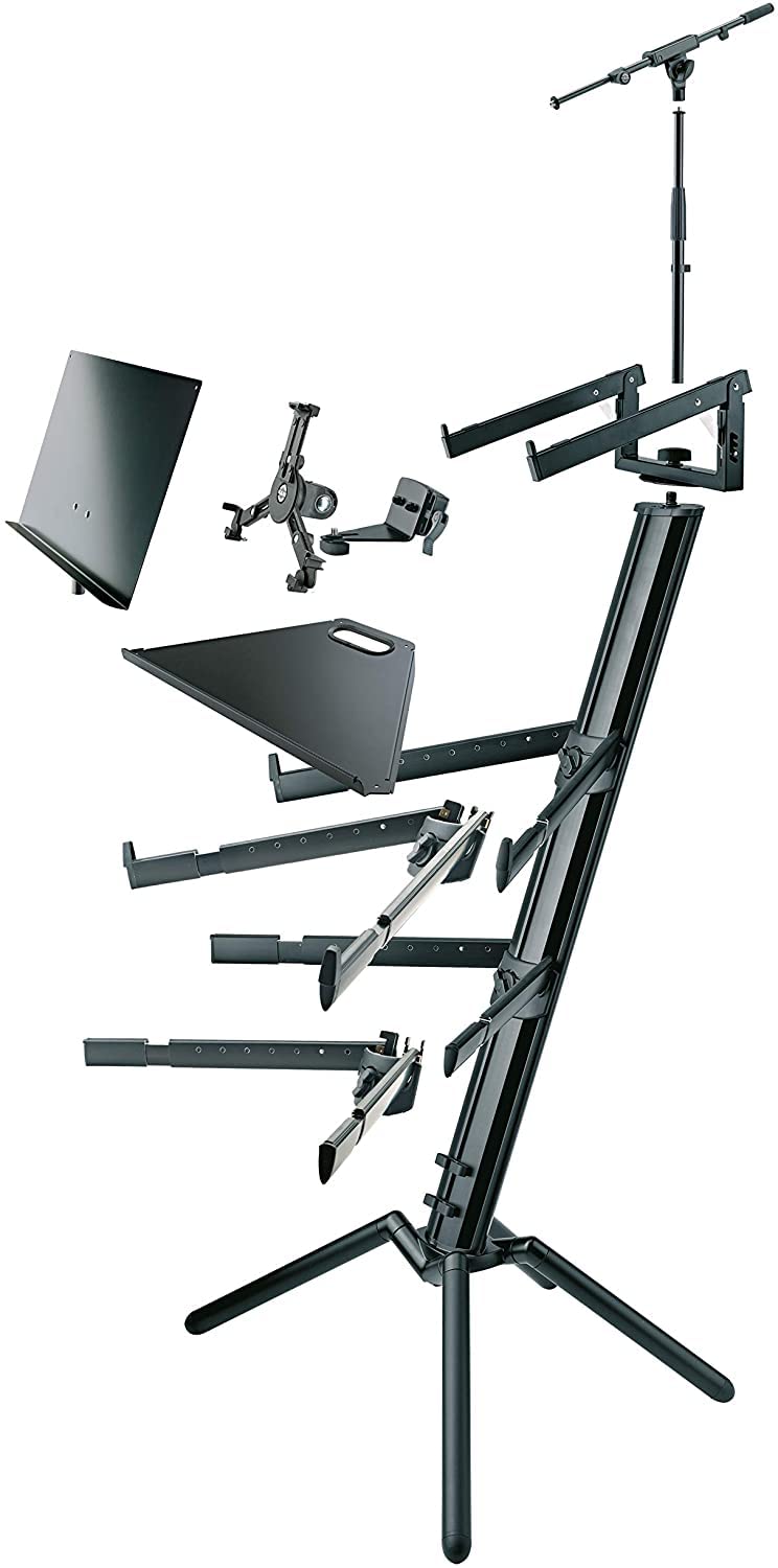 K&M Konig & Meyer 18860.000.35 Spider Pro Keyboard Stand - Adjustable Height & Depth for 2 Keyboards | Extendable Arms with Mic Boom Thread & Cable Clamp | Foldable & Portable | German Made Black Anodized Aluminum | Perfect for Live Performances, Studio Recording & Traveling Musicians