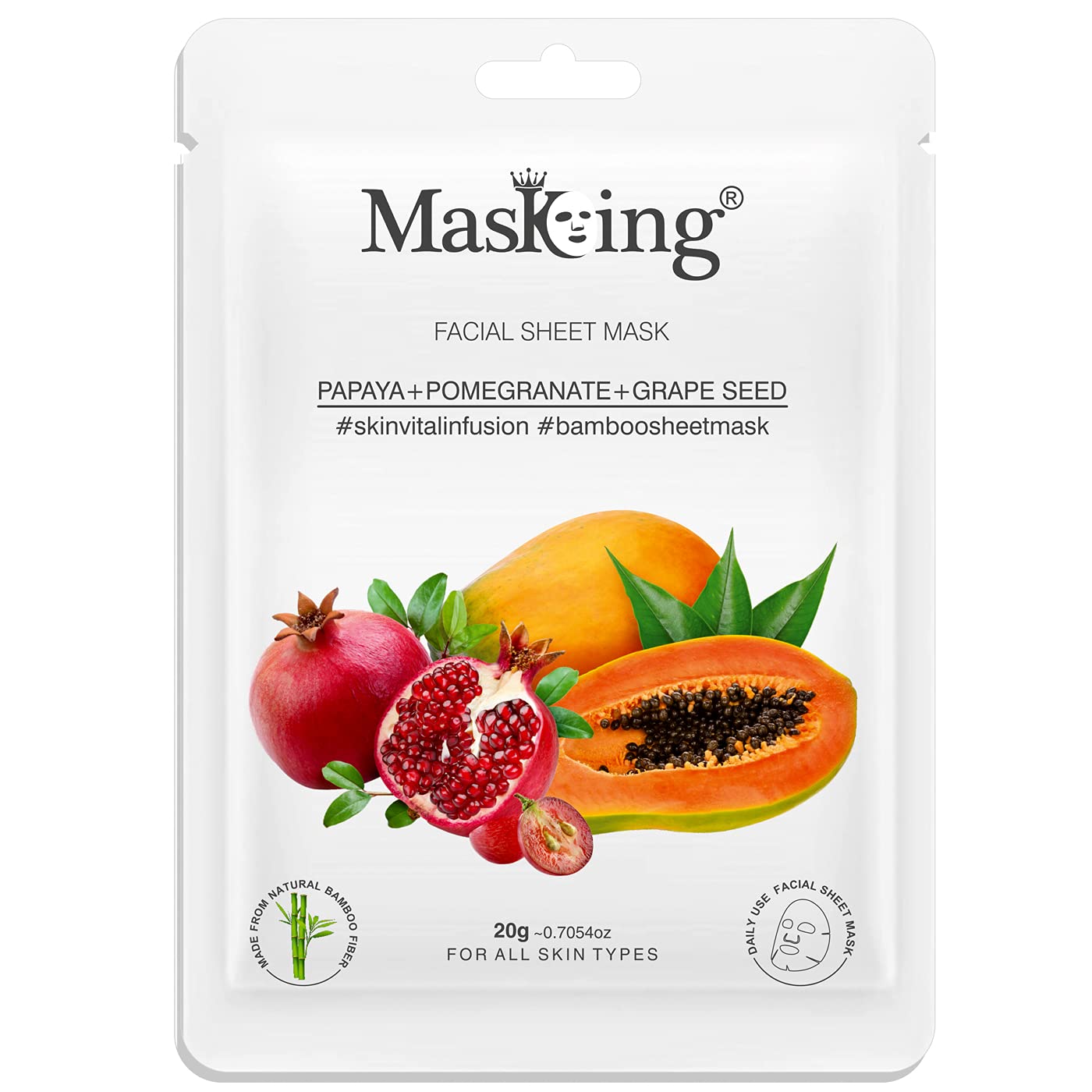 Green Tea & Bamboo Facial Sheet Mask Set (20g Each) - Papaya, Pomegranate, Grape Seed Extract - Hydrating & Brightening for Women & Men - Perfect for Spa Day, Self-Care Routine & Gift Giving (2-Pack)