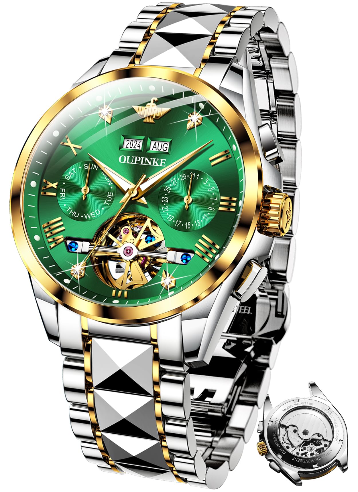 OUPINKE Men's Luxury Automatic Skeleton Watch with Diamond Accents - Self-Winding Mechanical Dress Watch - Sapphire Crystal & Tungsten Case - Perfect for Business, Formal Events & Gifting