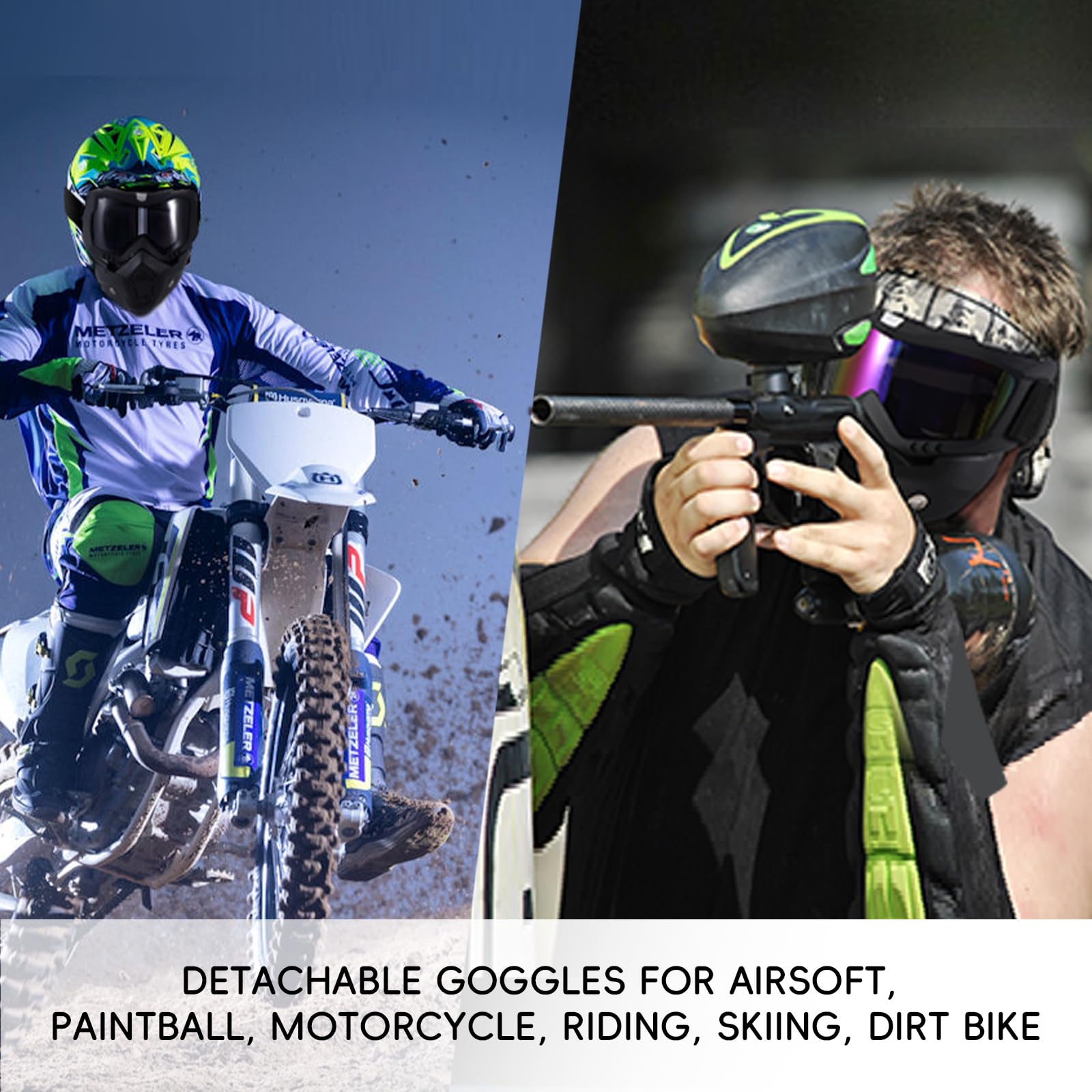 Anti-Fog Motorcycle Goggles & Detachable Paintball Mask - Dirt Bike, ATV, Ski & Airsoft Protective Gear for Outdoor Sports & Extreme Activities