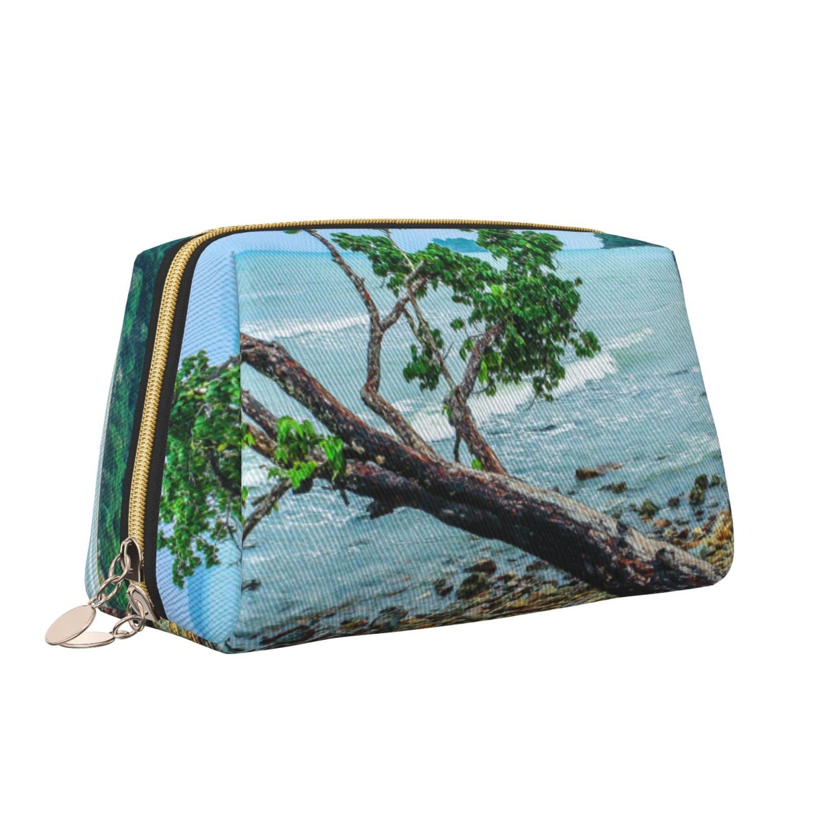 Waterproof Leather Makeup Bag for Women - Large Capacity Travel Cosmetic Organizer | Portable Makeup Pouch for Beach, Vacation & Daily Use | Crooked Tree by The Sea Collection