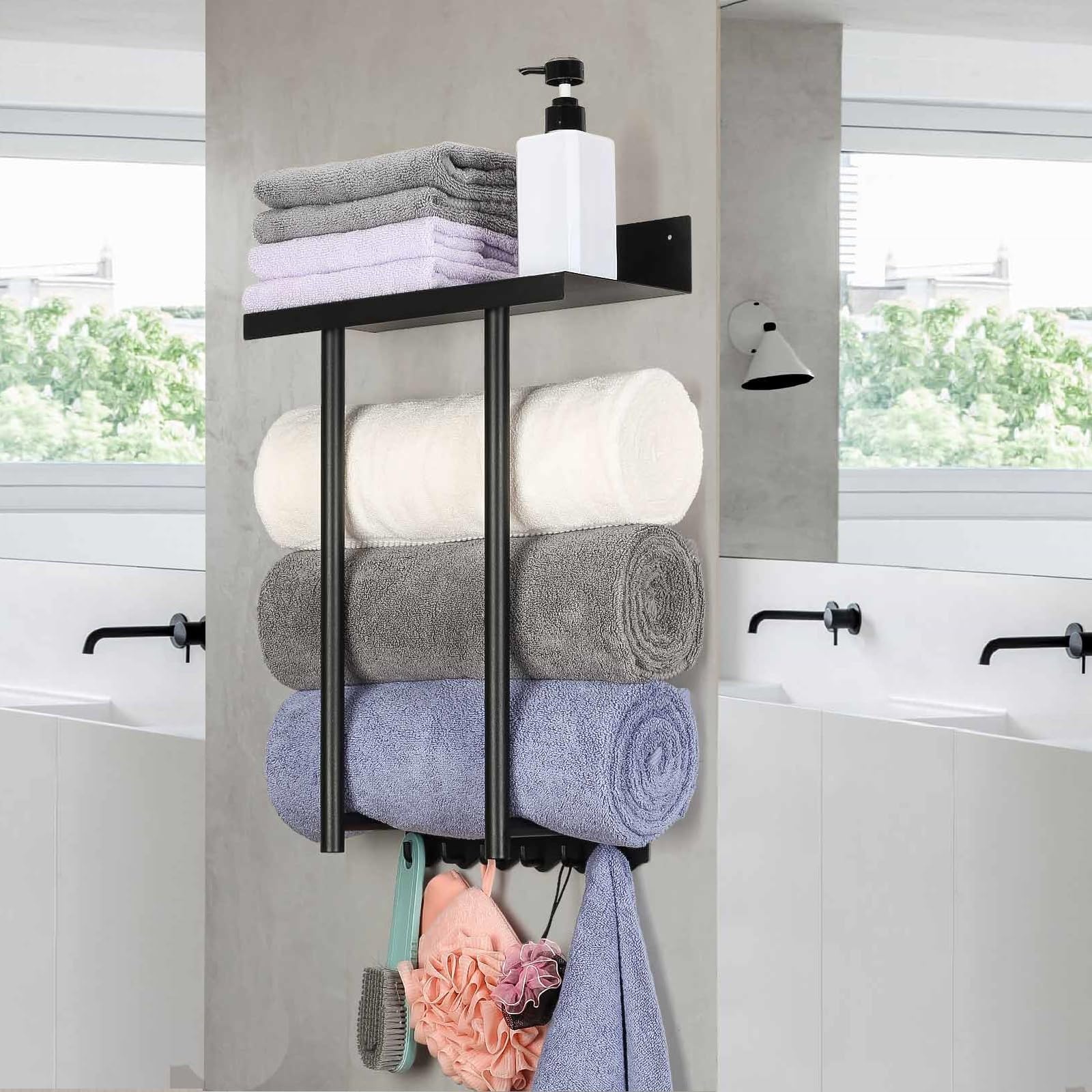 Stainless Steel Wall Mounted Towel Rack - Black Metal Bathroom Towel Holder with Shower Hooks for Rolled Towels & Blankets Storage | Space-Saving Bathroom Organizer for Home & Spa Use