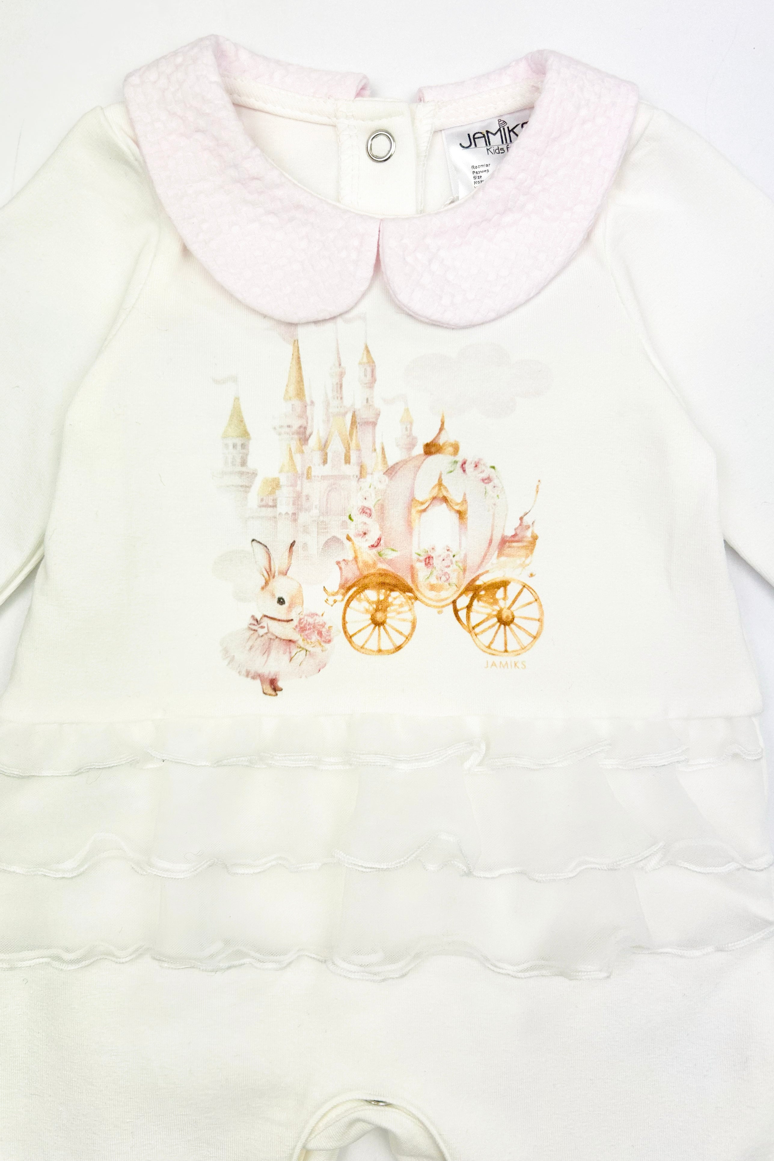 Thalia Ivory & Pink Fairytale Bunny Organza Baby Sleepsuit - Soft & Comfortable Newborn Pajamas for Girls, Perfect for Bedtime, Photo Shoots & Special Occasions