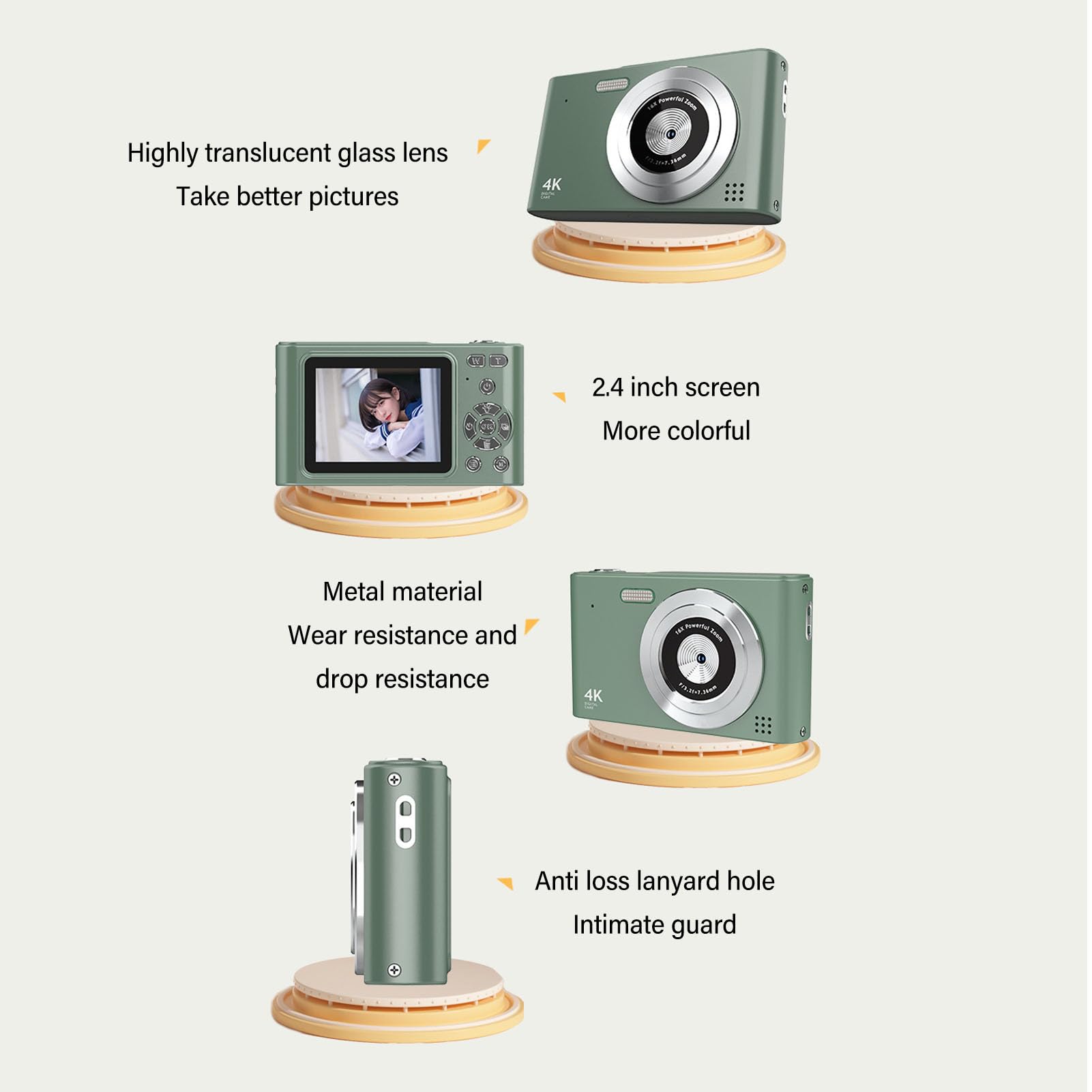 Annadue 48MP Digital Camera with 2.5K HD Video, 16x Zoom & Auto Focus - Compact Vlogging Camera for YouTube, Travel & Home Use | Includes Music Player (Green)