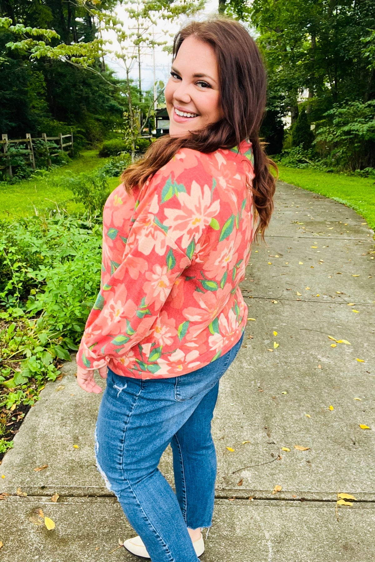 Stylish Red Floral Brushed Hacci Sweater Top for Women | Soft Comfortable Knit Pullover | Perfect for Fall Outfits, Date Nights & Casual Wear