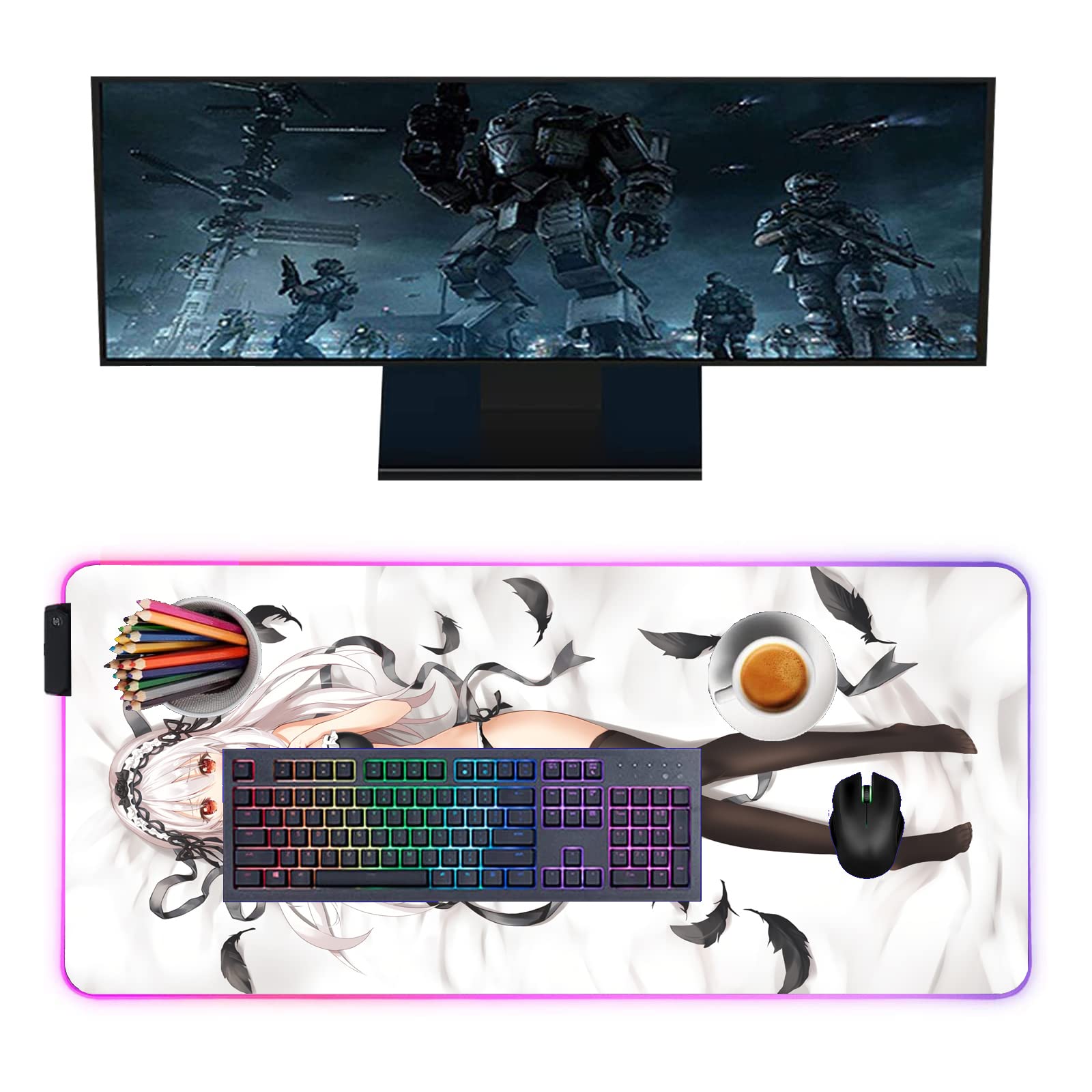 Anime Girl RGB Gaming Mouse Pad with LED Backlight & Non-Slip Edge - 31.5 x 12 Inch Large Desk Mat for PC Gamers | Perfect for Esports, Office Work & Streaming Setups
