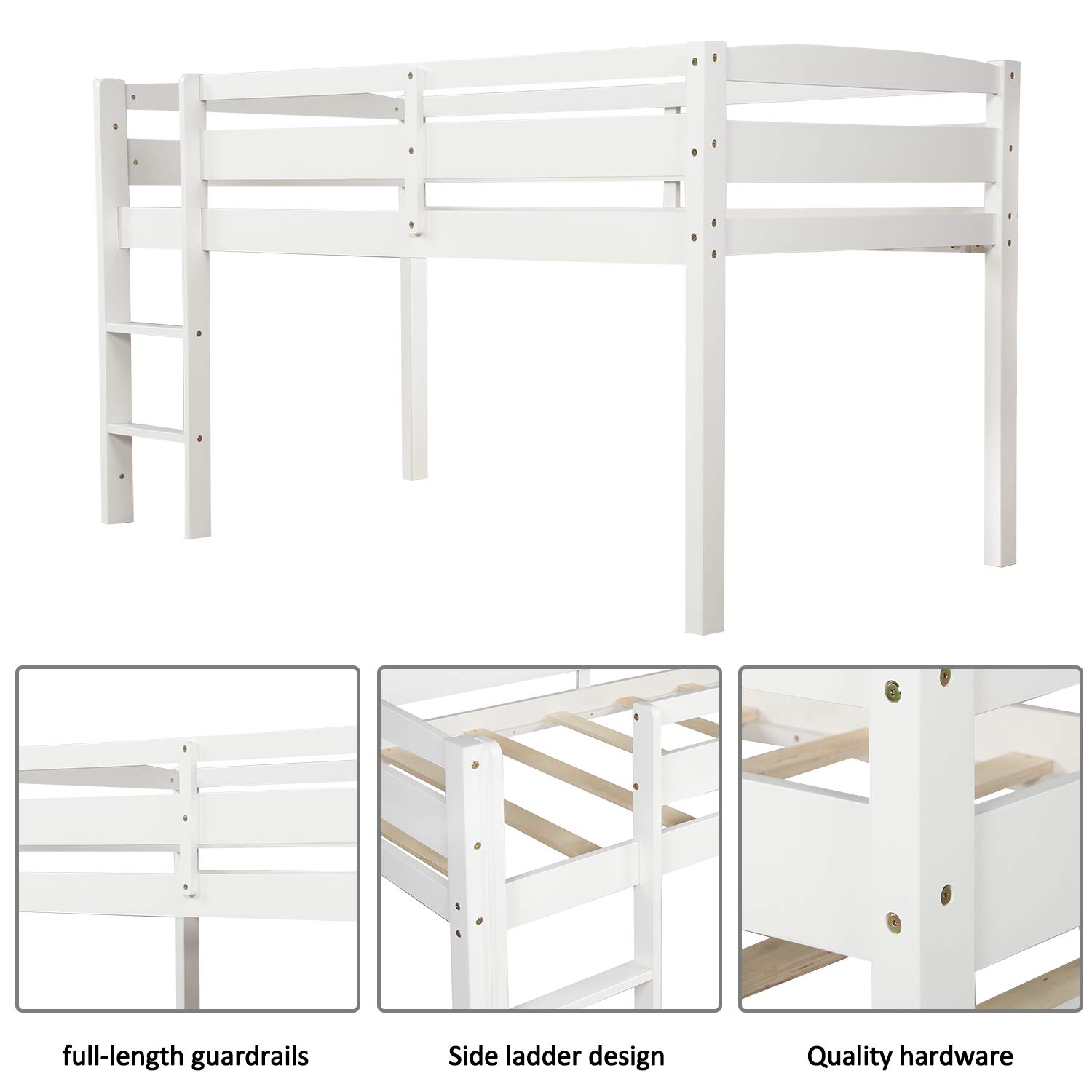 Harper & Bright Designs Low Loft Bed Twin Size - Sturdy Wooden Loft Bed Frame with Ladder & Safety Guardrails for Kids, Teens & Toddlers (White) - Perfect for Small Bedrooms, Dorms & Space-Saving Kids' Rooms