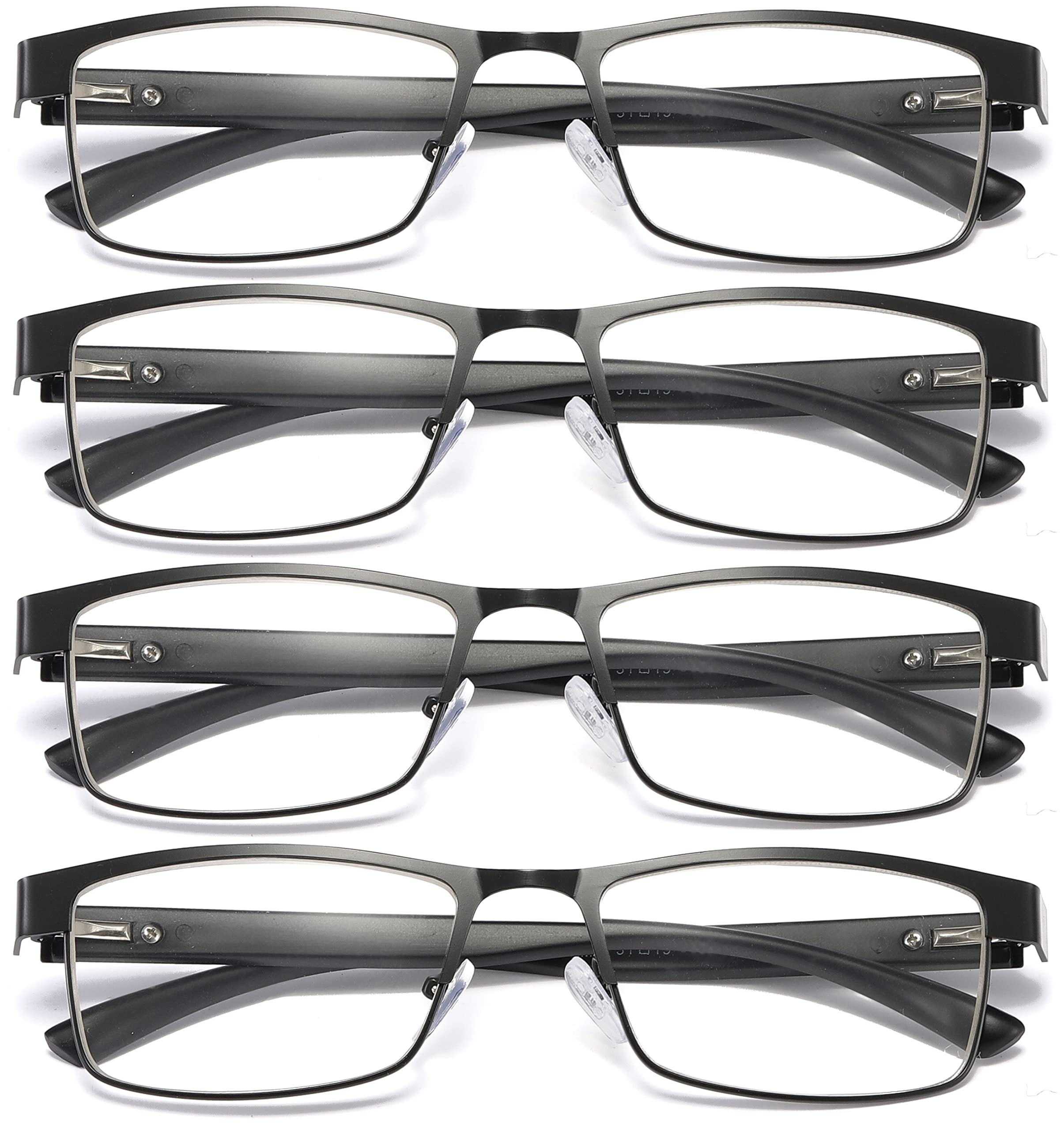 B&Q 4 Pack Rectangular Metal Frame Spring Hinge Blue Light Blocking Reading Glasses for Men - Anti-Eye Strain Computer Glasses for Office Work & Screen Time