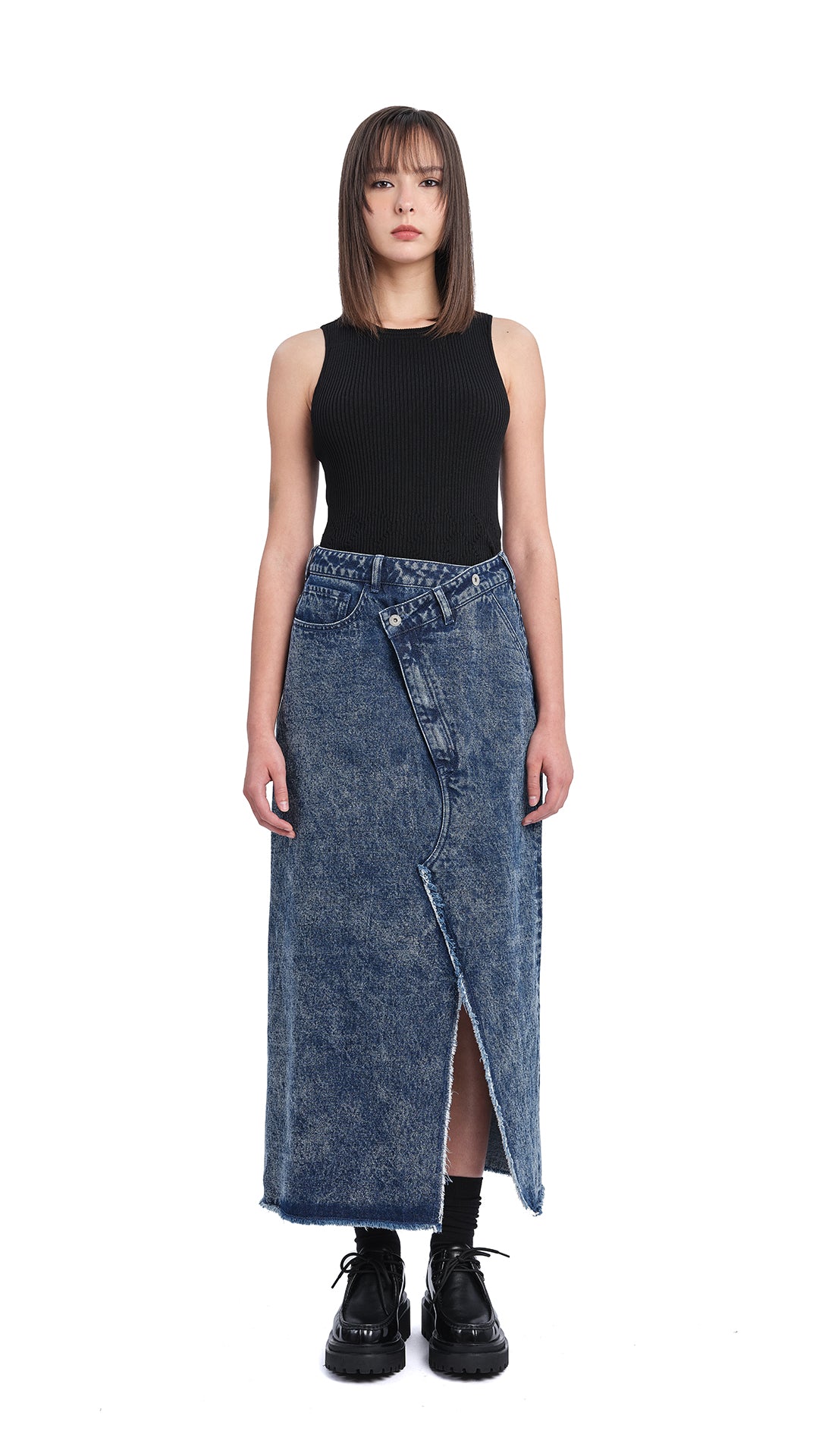 Vintage Stone Washed Denim Fishtail Skirt for Women - High Waisted A-Line Midi Skirt with Side Slits - Perfect for Casual Outfits, Date Nights & Boho Fashion