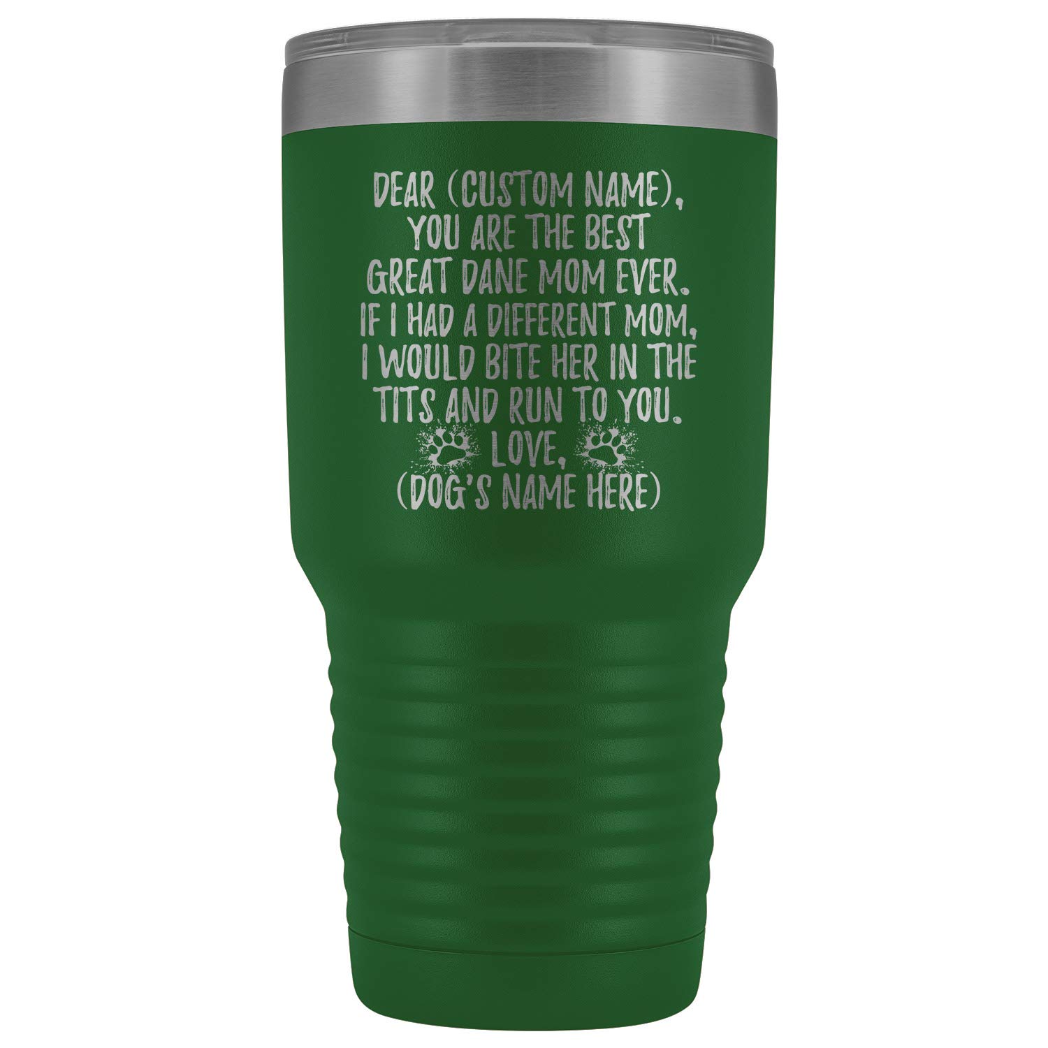 Personalized Great Dane Dog Mom Tumbler - 30oz Insulated Stainless Steel Cup for Women - Custom German Mastiff Dog Owner Gift - Gentle Giant Dog Lover Present (Green) - Perfect for Coffee, Tea & Cold Drinks at Home, Office or Travel