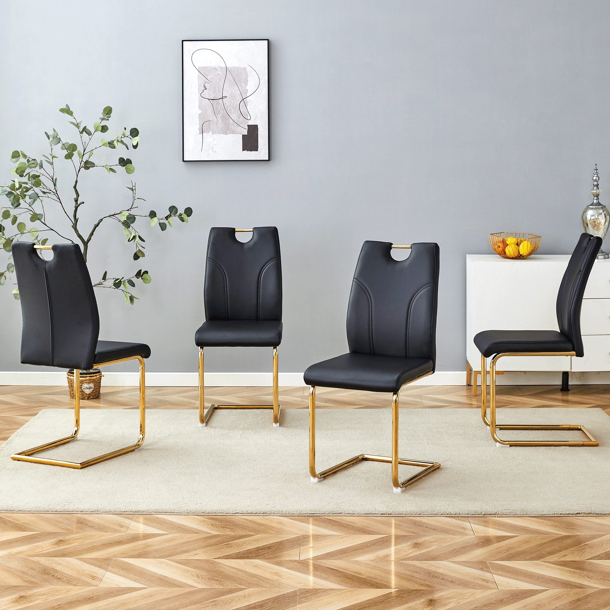 Modern Black PU Dining Chairs Set of 4 - Waterproof Faux Leather Upholstery with Gold Metal Legs - Stylish for Kitchen, Restaurant, Office & Conference Room - Elegant Seating Solution for Home & Commercial Use