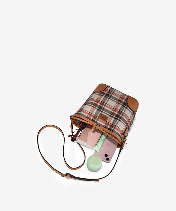 LEE Plaid Canvas Drawstring Bucket Crossbody Bag for Women - Stylish & Versatile Shoulder Purse - Perfect for Travel, Shopping & Everyday Use