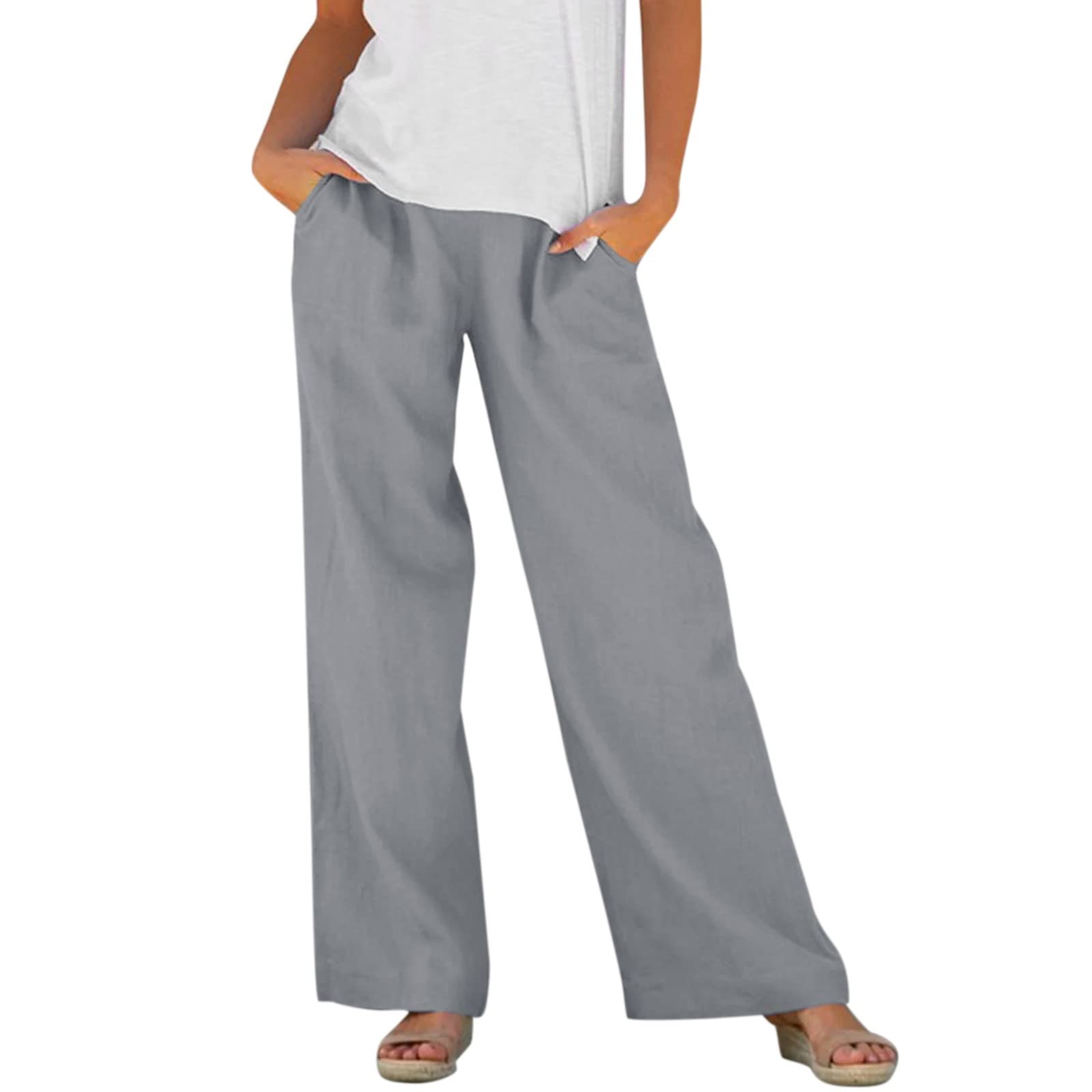 Women's High Rise Linen Pants - Casual Solid Color Loose Fit with Pockets, Elastic Waist Long Trousers | Linen Blend Wide Leg Pants for Summer, Beach & Boho Style Outfits