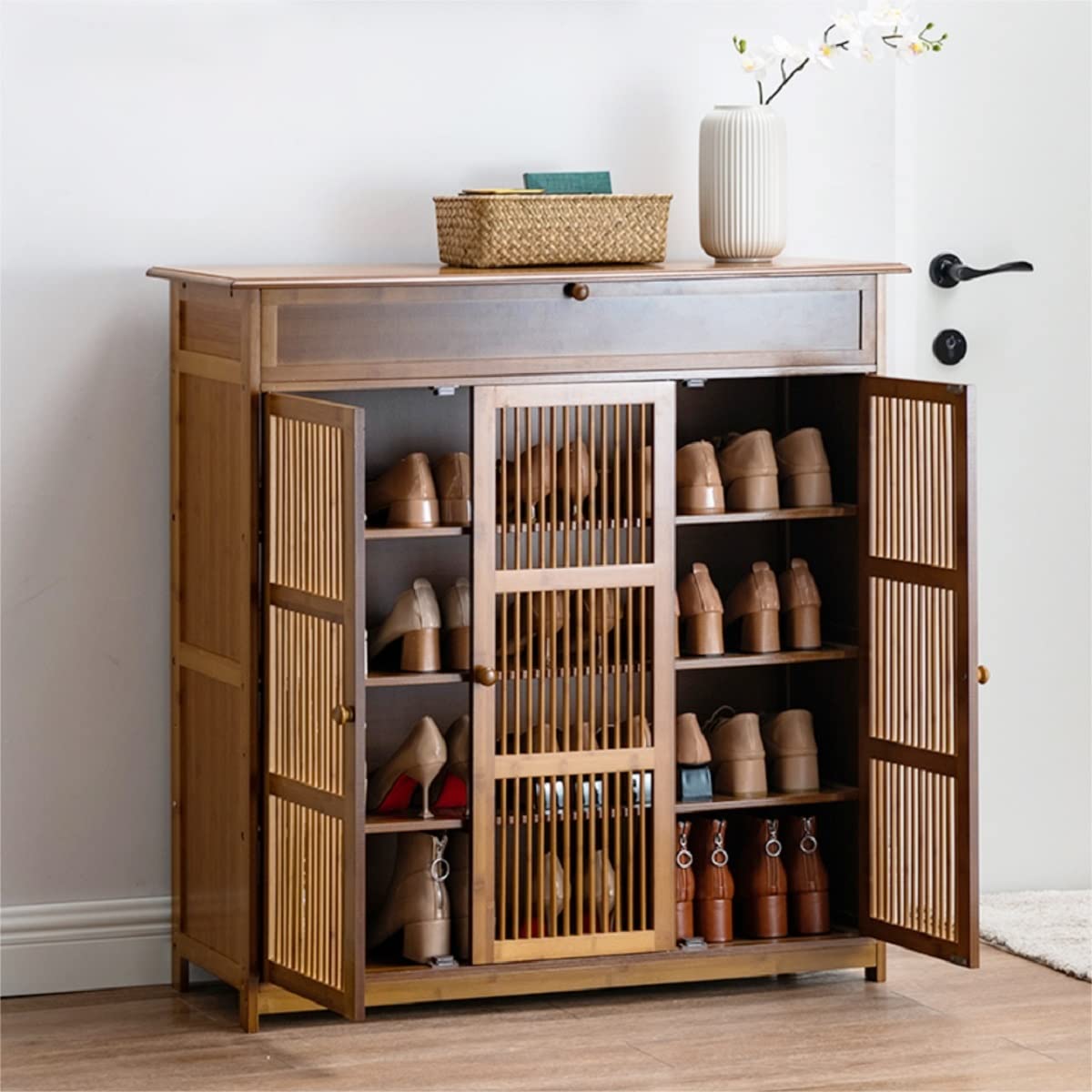 Gdrasuya10 4-Tier Bamboo Shoe Storage Cabinet with Doors - 40 Inch Entryway Shoe Rack Organizer for High Heels, Boots, Sneakers & Slippers - Perfect for Closet, Bedroom & Mudroom Organization