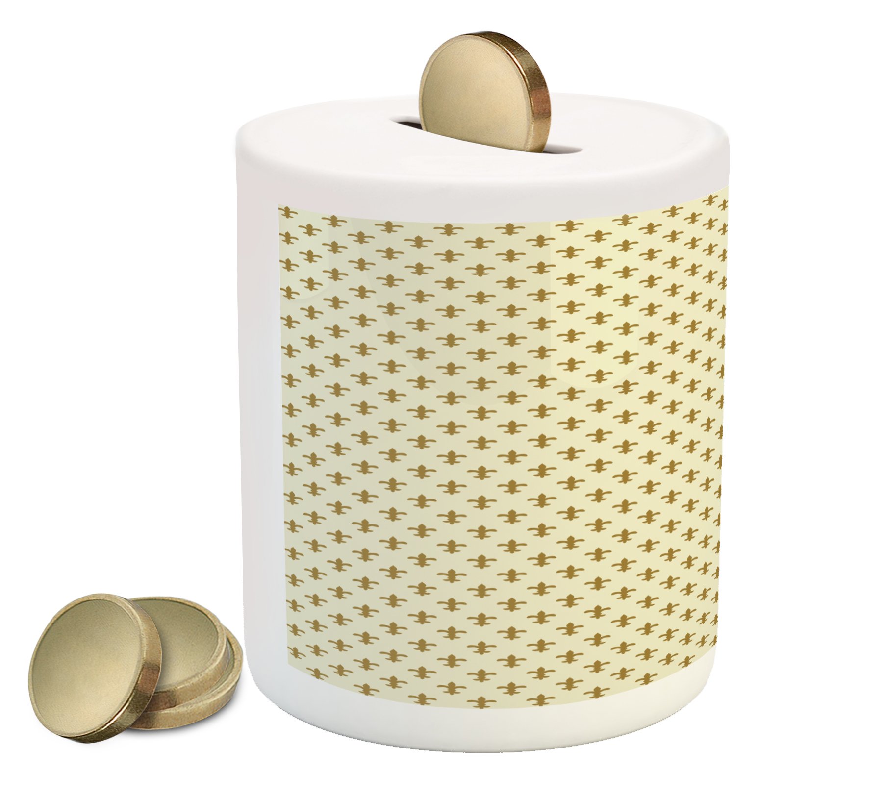 Ambesonne Retro Ceramic Piggy Bank with Fleur-de-lis Lily Flower Design - Traditional Pattern Money Box for Cash Saving (Cream & Yellow) - Perfect for Kids' Savings, Home Decor & Gift Giving