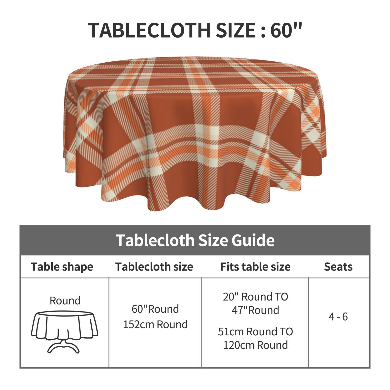 Kawani 60 Inch Round Plaid Tablecloth - Waterproof Washable Polyester Autumn Thanksgiving Table Cover for Kitchen, Party, Picnic & Dining Decor - Perfect for Holiday Gatherings and Seasonal Home Decoration