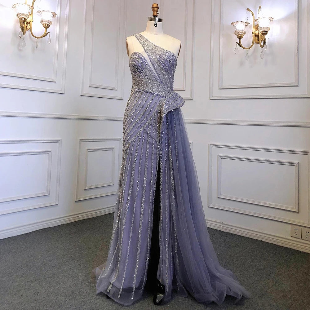 Serene Hill Lilac Mermaid Evening Gown with Overskirt - Elegant One Shoulder Beaded Prom Dress for Women | Luxury Party Wear for Weddings, Galas & Formal Events