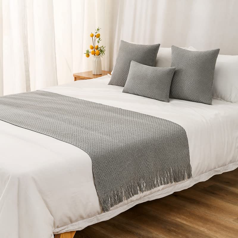 ZUUNA Nordic Modern Bed Runner - Solid Tassel Design Decorative Bedspread for Home Decor in Pink, Grey & Yellow | Perfect for Master Bedroom, Guest Room & Boho Chic Decor