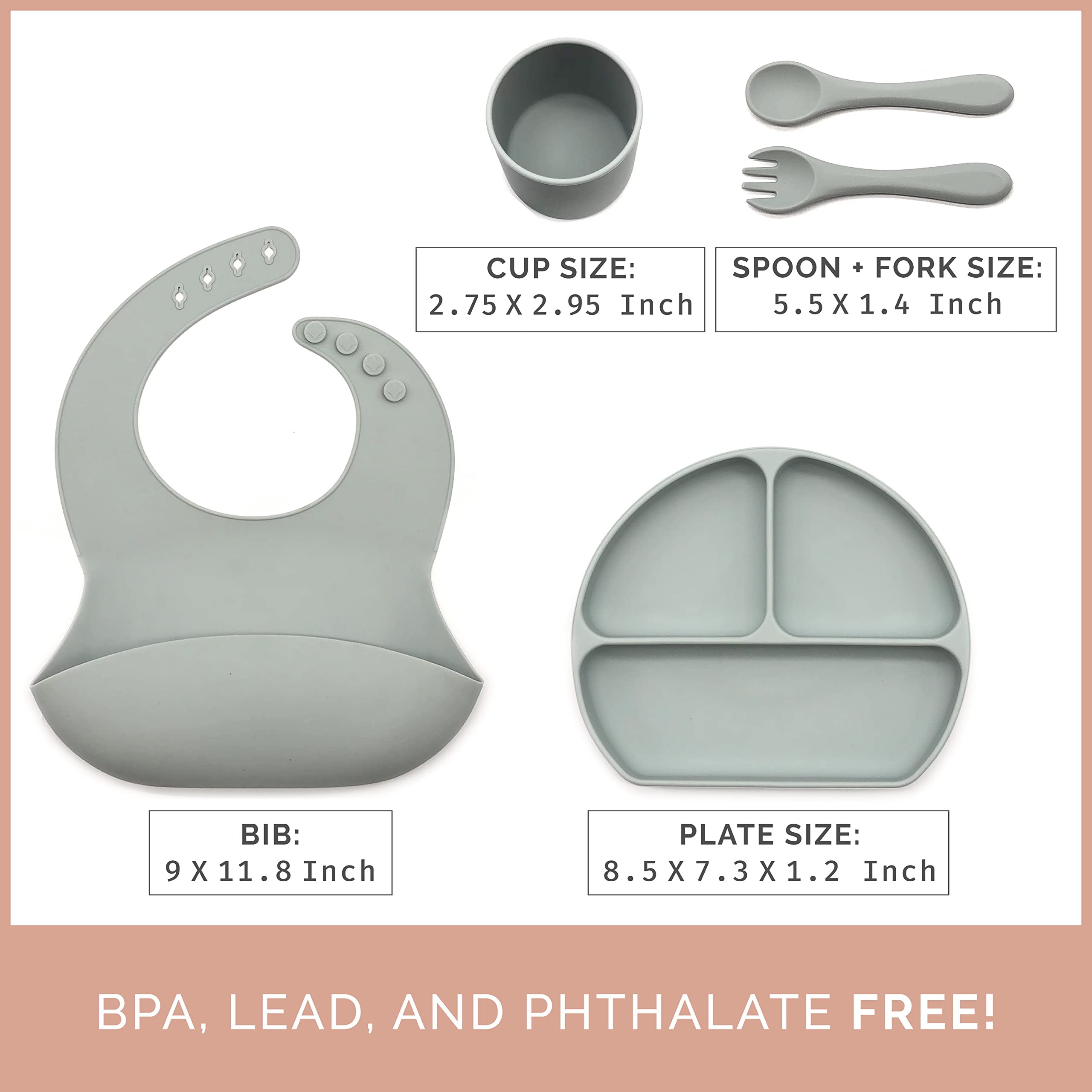 Baby Silicone Feeding Set (5-Piece) - Soft Food-Grade Silicone Bib, Suction Divided Plate & Self-Feeding Spoon/Fork - Toddler Weaning Utensils for 6+ Months - Perfect for Mess-Free Meals, Travel & Early Self-Feeding Training