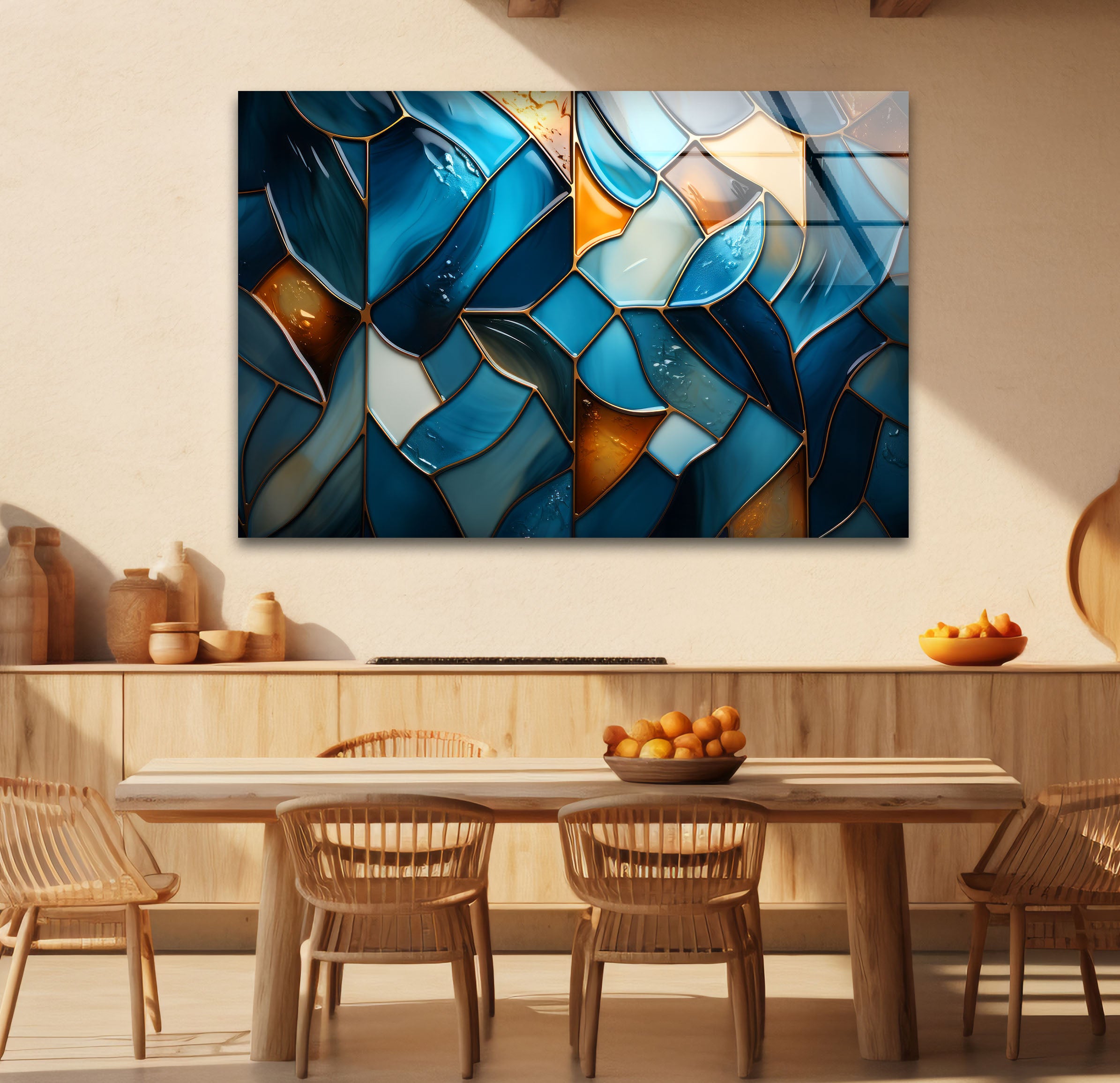 Blue Stained Glass Wall Art - Abstract Mosaic Glass Print Decor for Living Room, Bedroom & Office | Handmade Modern Home Decor