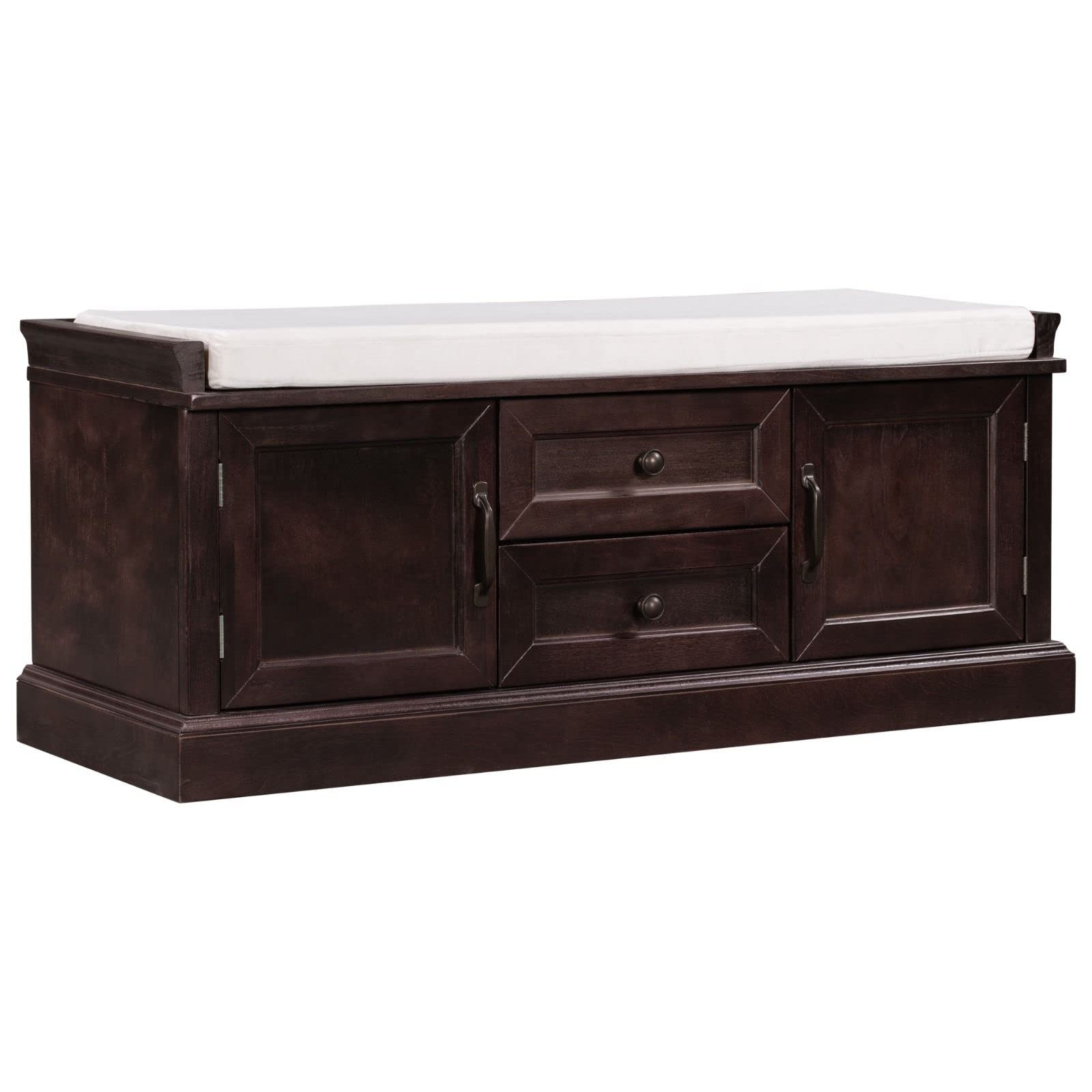 Wooden Shoe Storage Bench with 2 Drawers & 2 Cabinets - Entryway Bench with Removable Cushion - Perfect for Hallway, Mudroom & Bedroom Organization