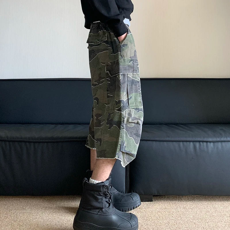 Men's American Style Washed Camouflage Cargo Shorts - Loose Fit Streetwear Work Pants with Multiple Pockets | Perfect for Outdoor Activities, Hiking & Casual Wear (Style 24E1035)