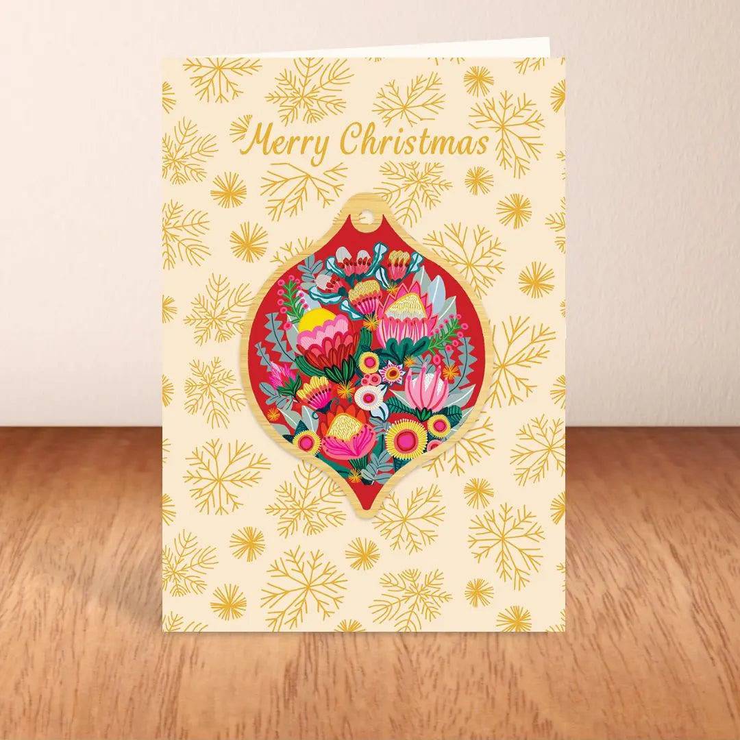 Flowers of Oz Australian Christmas Card & Bauble - Festive Holiday Greeting Card with Ornament for Xmas Tree Decorations & Gift Giving