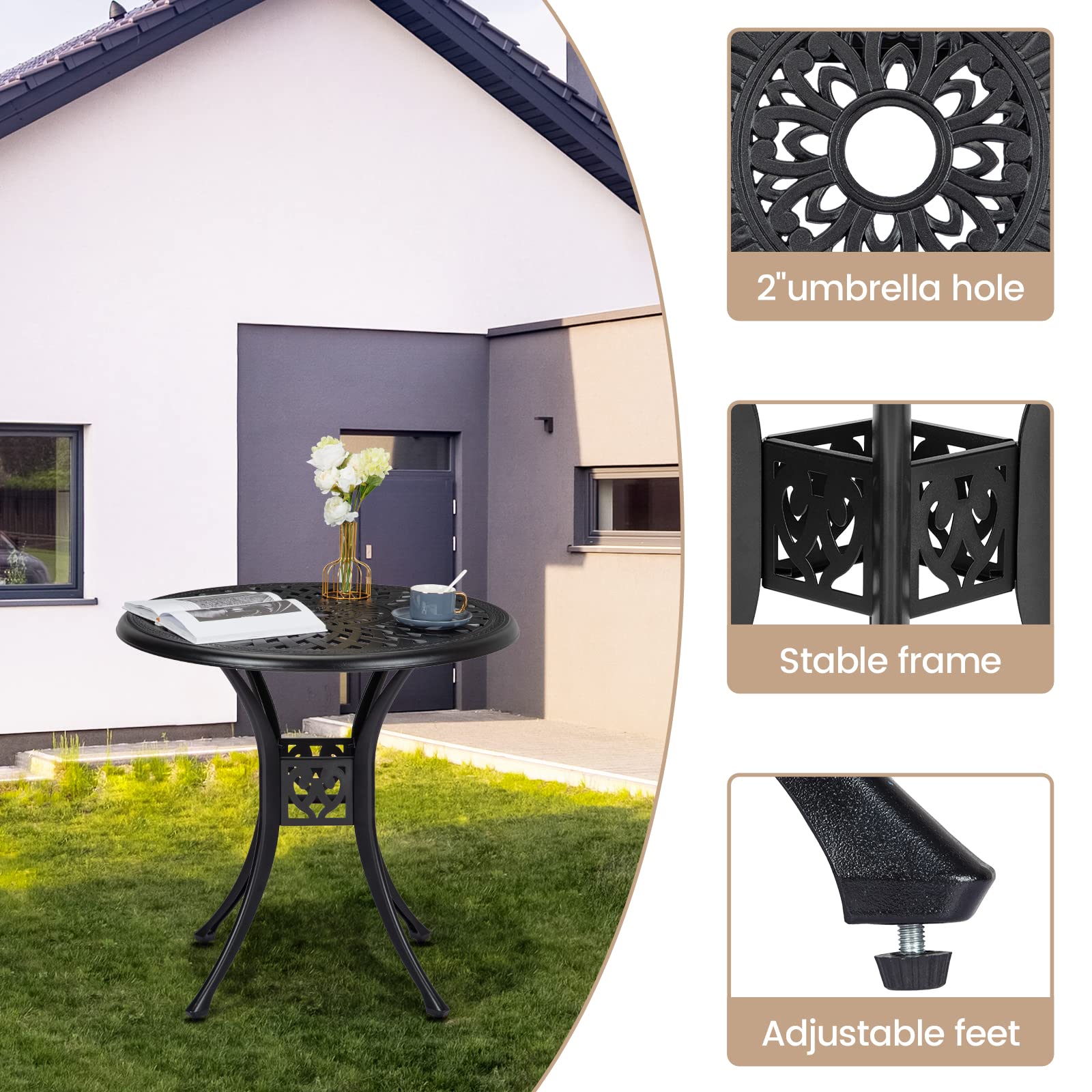 **Rust-Resistant Aluminum Round Patio Bistro Table with Adjustable Foot Pads & Umbrella Hole – Perfect for Outdoor Dining, Balcony, Backyard, and Garden (Black)**