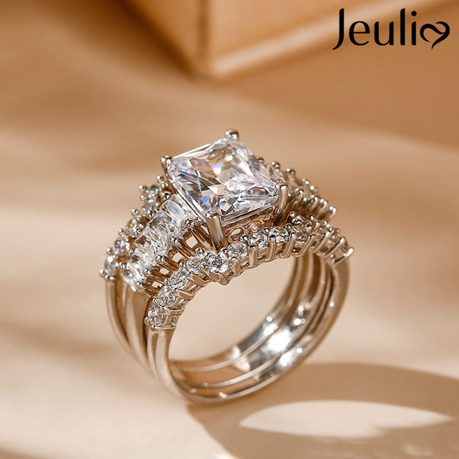 Jeulia 3-Piece Wedding Ring Set - 5.2ct Radiant Cut Engagement Ring & Eternity Bands in Sterling Silver with Cubic Zirconia | Bridal Jewelry for Proposals, Weddings & Anniversaries | Perfect Gift for Her