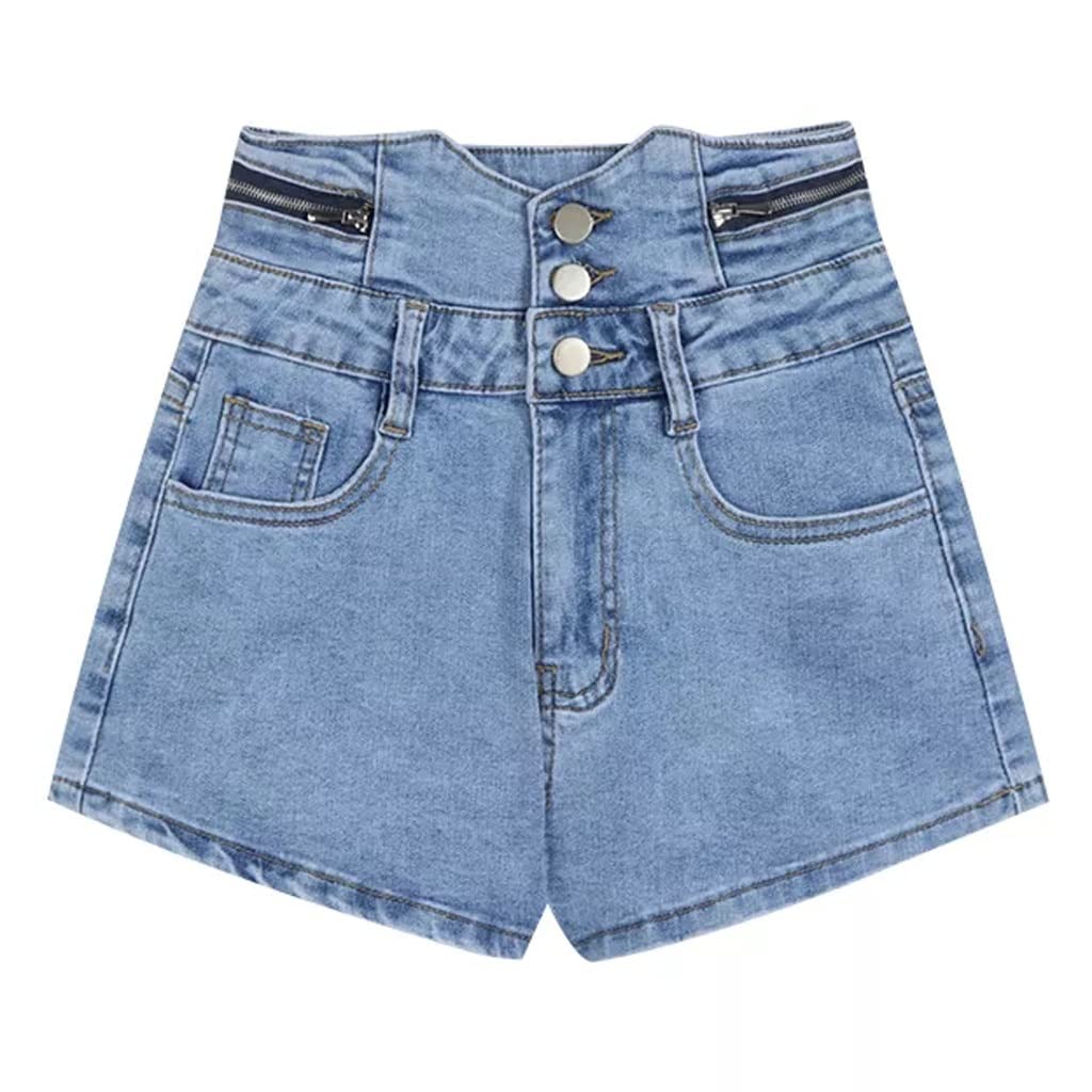 High Waist Wide Leg Denim Shorts for Women - Summer Fashion, Tight Fit, Baggy Hip, Solid Blue Color, Size S - Perfect for Streetwear, Casual Outings & Beach Vacations