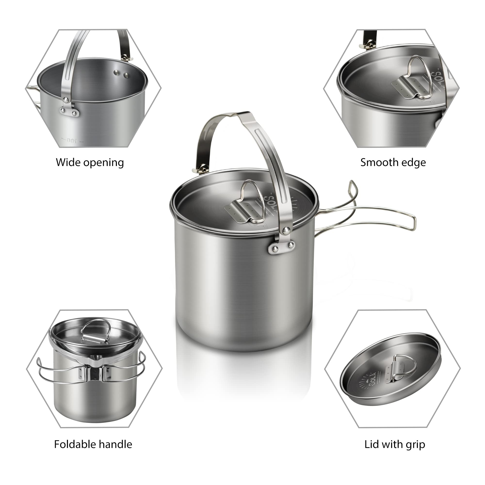 Lixada 5-Piece Stainless Steel Camping Cookware Set - Portable Kettle with 2 Cups, 2 Bowls & Foldable Handles - Perfect for Camping, Hiking, Picnics & Outdoor Adventures - Ideal for Boiling Water, Making Coffee, Tea & Cooking Meals in Nature