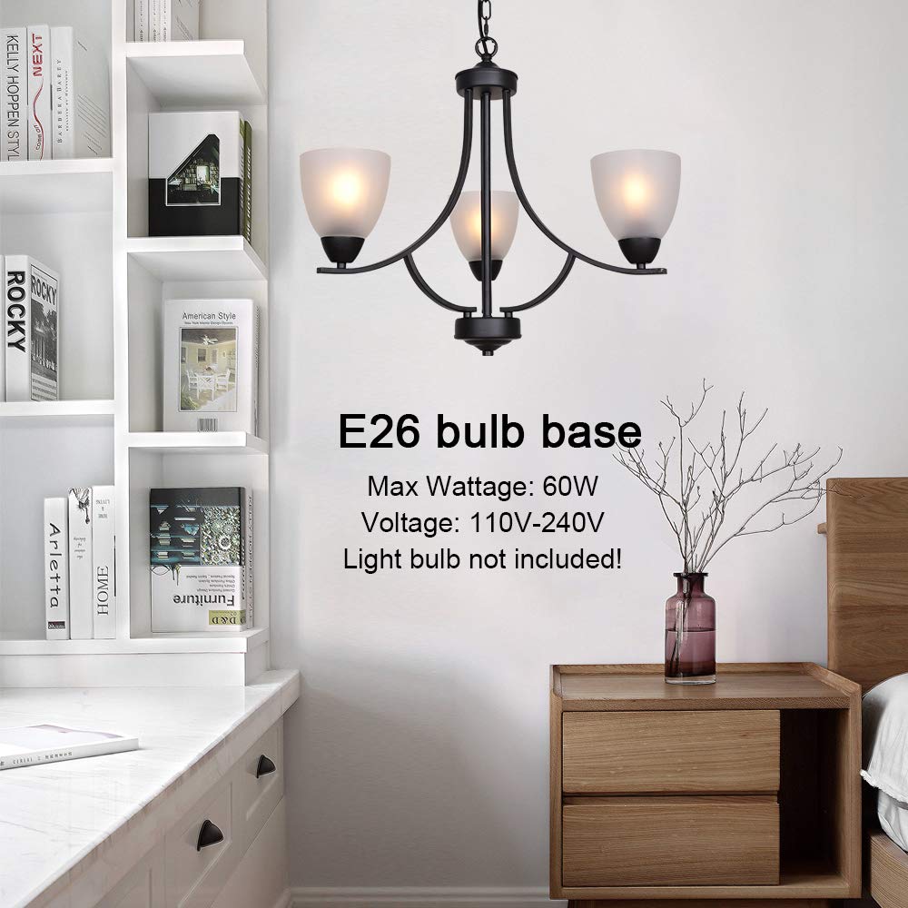 VINLUZ 3-Light Black Rustic Chandelier with Alabaster Glass Shades - Mid Century Modern Ceiling Pendant Lighting Fixture for Bedroom, Dining Room, Foyer & Living Room | Perfect for Farmhouse, Industrial & Contemporary Home Decor
