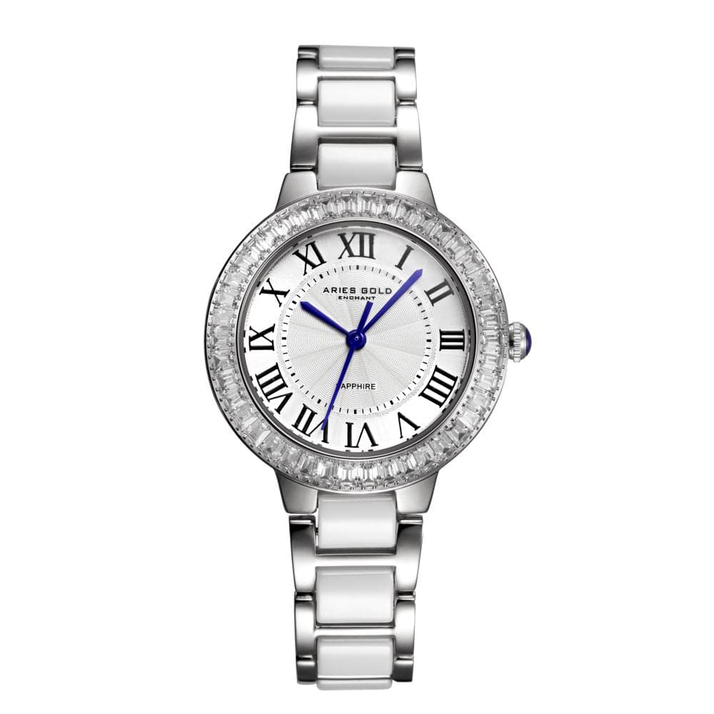 ARIES GOLD ENCHANT CAPELLA Silver Stainless Steel Women's Watch with White Ceramic Band - Elegant Dress Watch for Office, Party & Special Occasions