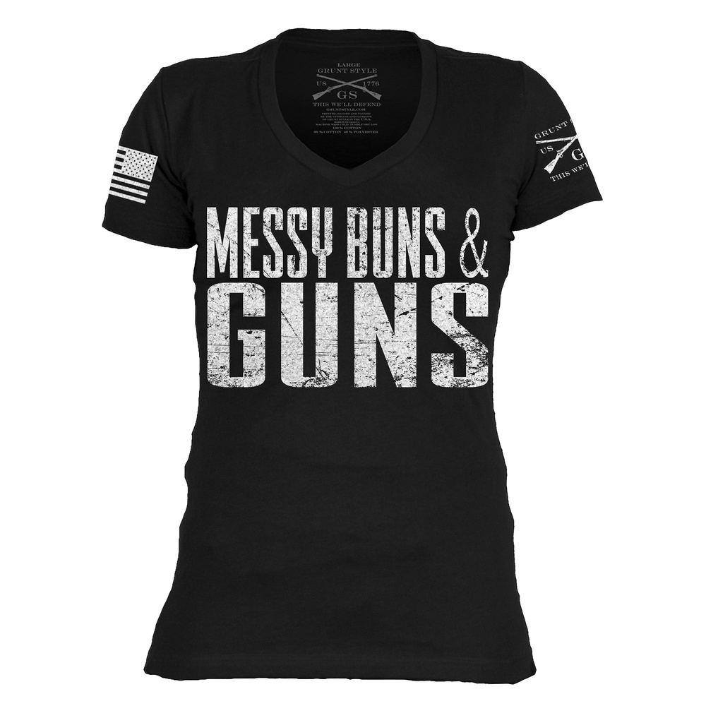 Women's Messy Buns & Guns V-Neck T-Shirt - Black | Soft Cotton Casual Tee for Workout, Gym & Everyday Wear