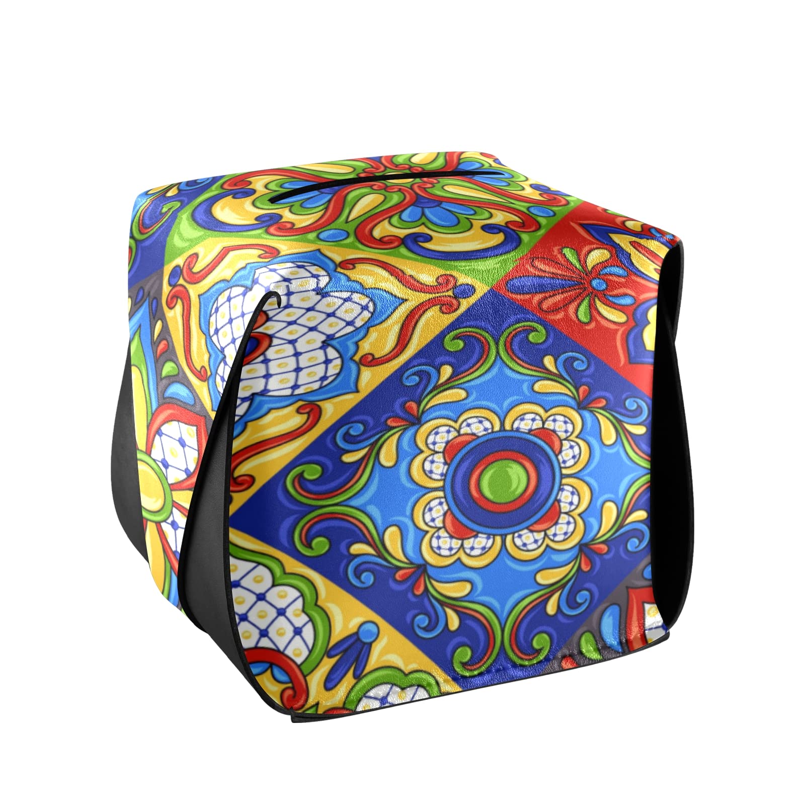 Square Leather Tissue Box Cover - Mexican Talavera Style for Bathroom, Bedroom, Office Desk, Car & Vanity | Decorative Multi-Purpose Tissue Holder for Home & Office Décor