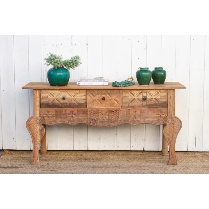 Hand Carved Wooden Three Drawer Console Table - Rustic Entryway Table with Storage for Hallway, Living Room & Bedroom | Solid Wood Sofa Table with Drawers for Home Decor