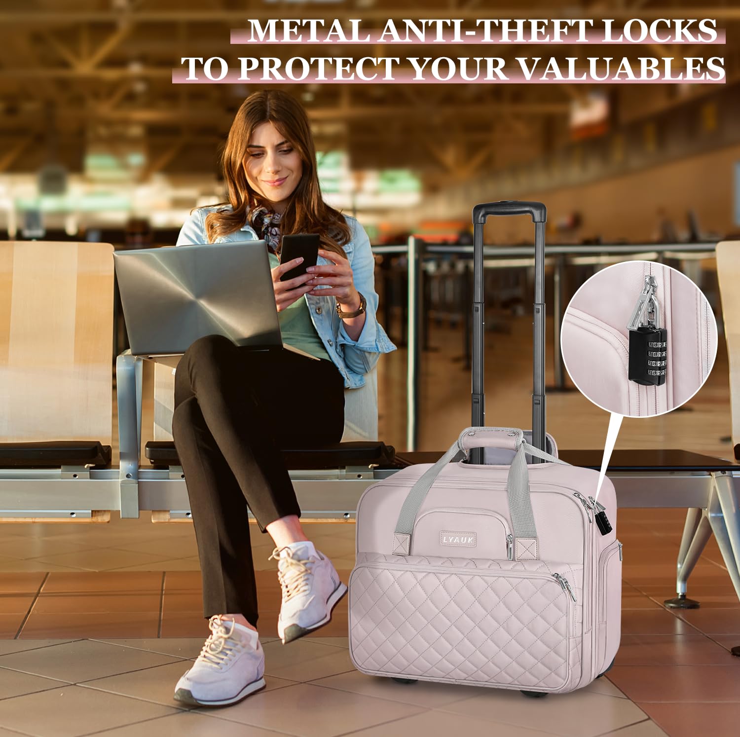 17.3 Inch Rolling Laptop Bag for Women - Anti Theft Water Resistant Rolling Briefcase with Wheels - Pink Carry On Computer Bag for Travel, Work & Business - Perfect for Airplane, Office Commute & Business Trips
