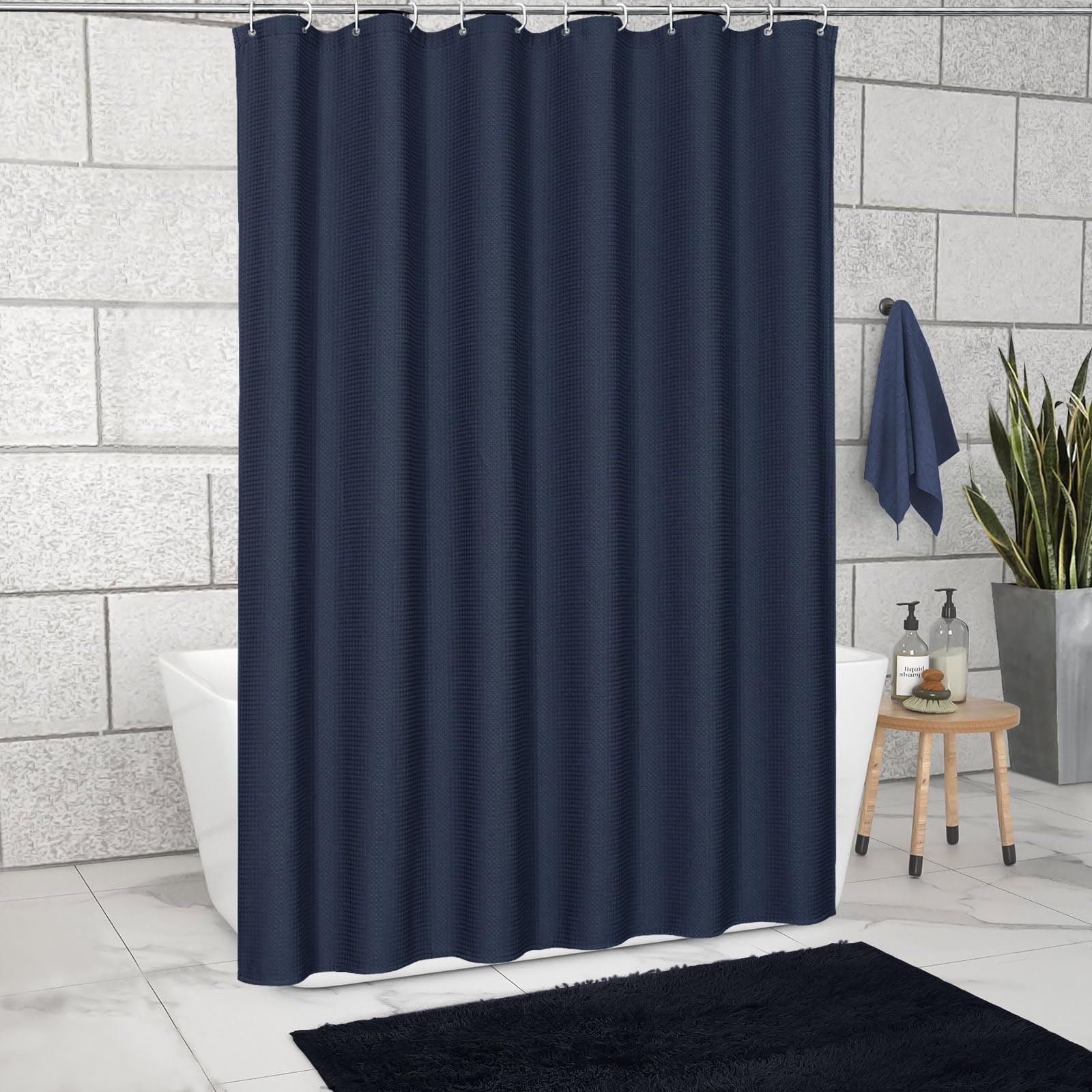 Blue Waffle Weave Half Size Shower Curtain 36 x 72 Inches - Narrow Fabric Bathroom Decor with Hooks - Navy Blue Shower Curtain Set for Small Stall, RV, Dorm & Apartment Bathrooms